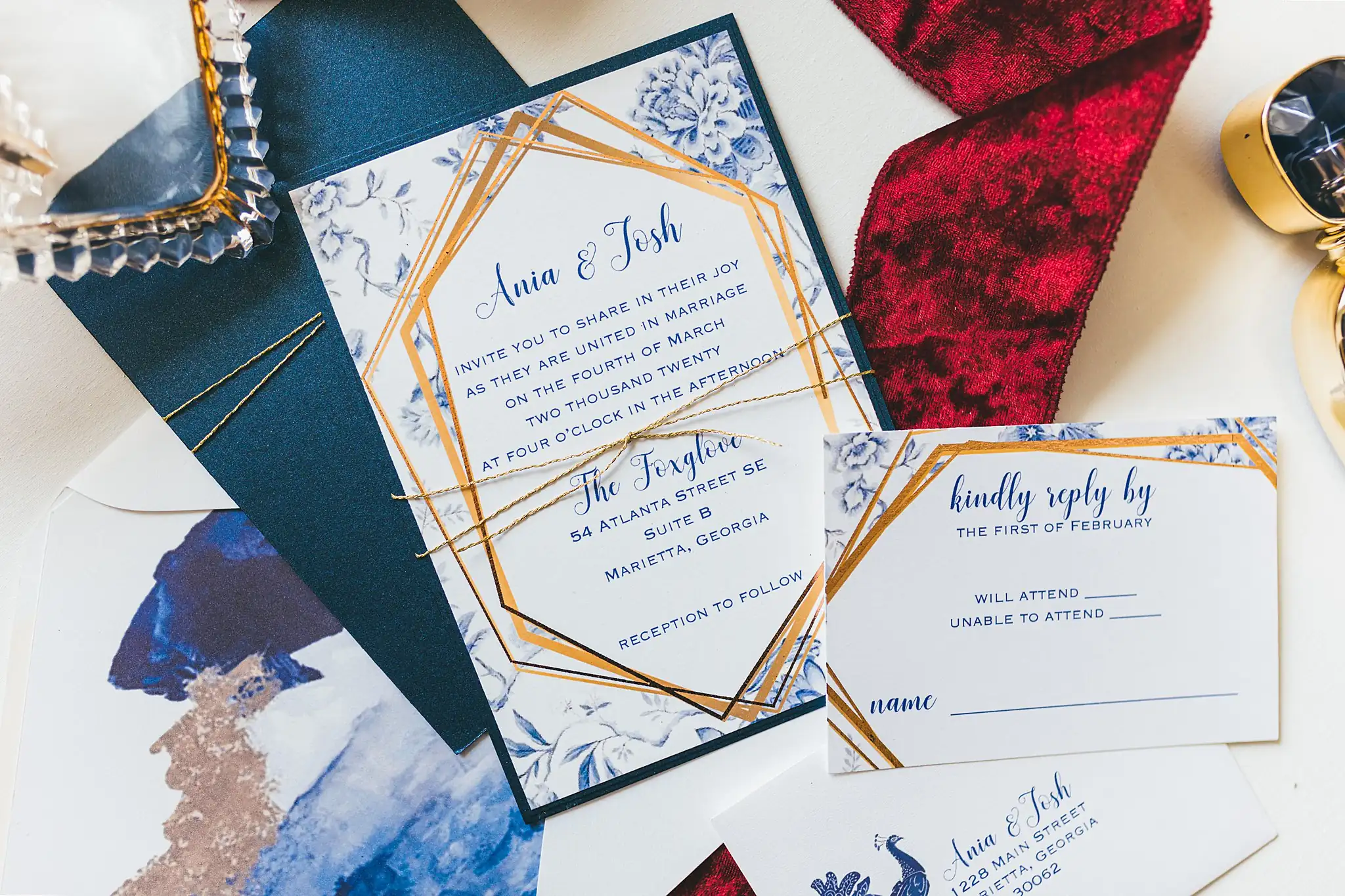 Styled Shoot Hollywood Regency Wedding Inspiration Atlanta Photographers Wedding Details: the gold-foil invitation and its chinoiserie panels, at a Hollywood Regency Wedding styled shoot at the Foxglove in Marietta, GA