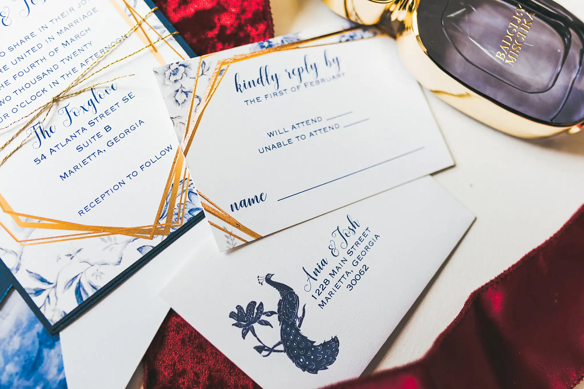 Styled Shoot Hollywood Regency Wedding Inspiration Atlanta Photographers Wedding Details: the reply card in gold foil with a blue crane, at a Hollywood Regency Wedding styled shoot at the Foxglove in Marietta, GA