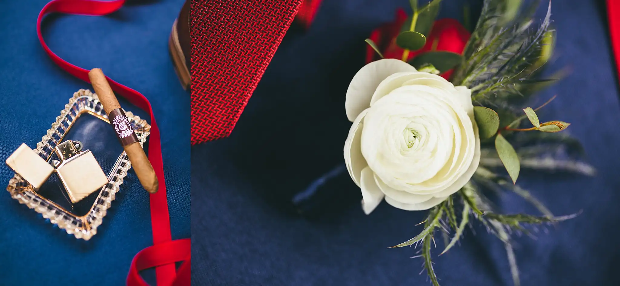 Styled Shoot Hollywood Regency Wedding Inspiration Atlanta Photographers Wedding Details: the groom's tie, cufflinks and boutonniere, at a Hollywood Regency Wedding styled shoot at the Foxglove in Marietta, GA