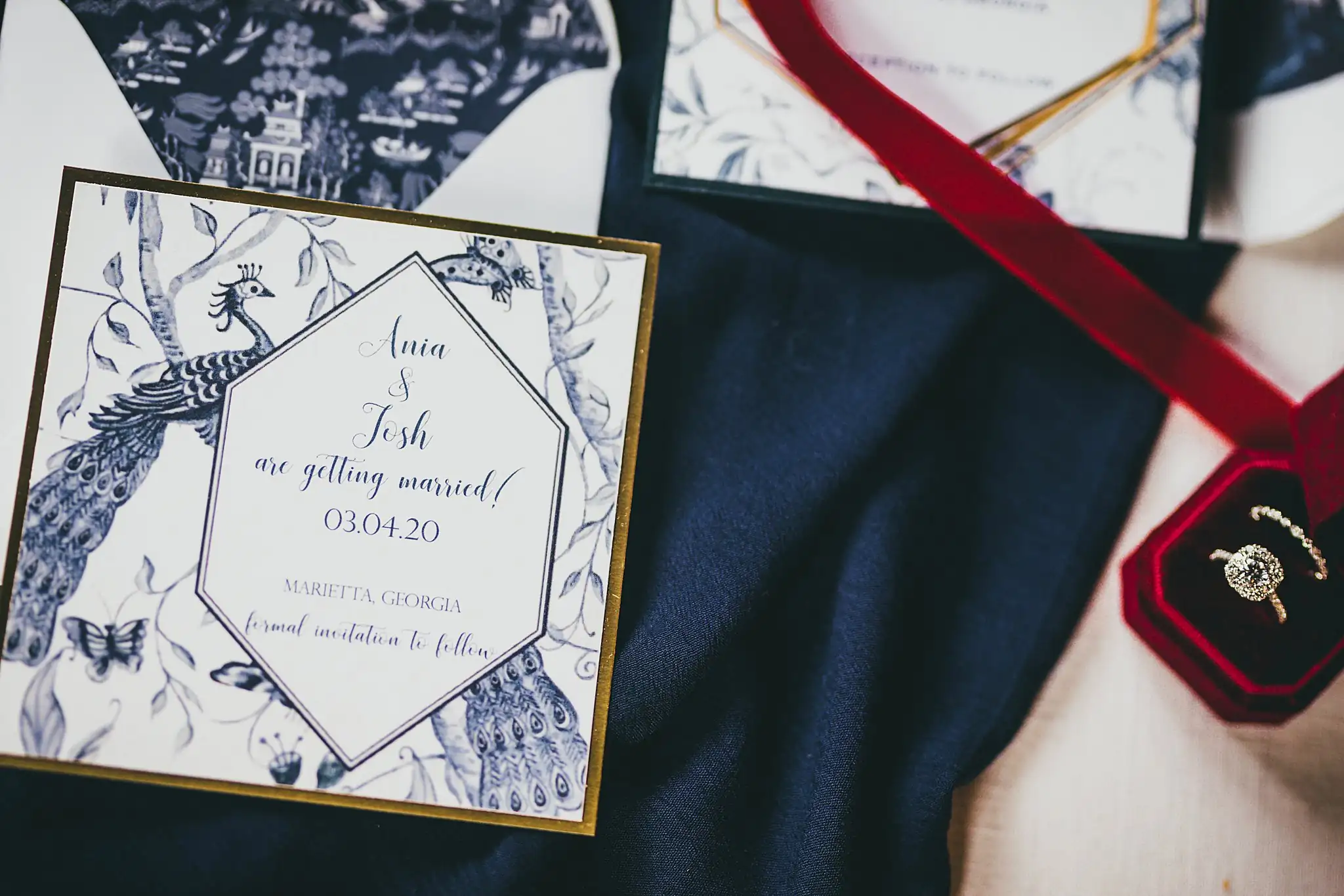 Styled Shoot Hollywood Regency Wedding Inspiration Atlanta Photographers Wedding Details: the save-the-date with its blue toile panel, at a Hollywood Regency Wedding styled shoot at the Foxglove in Marietta, GA