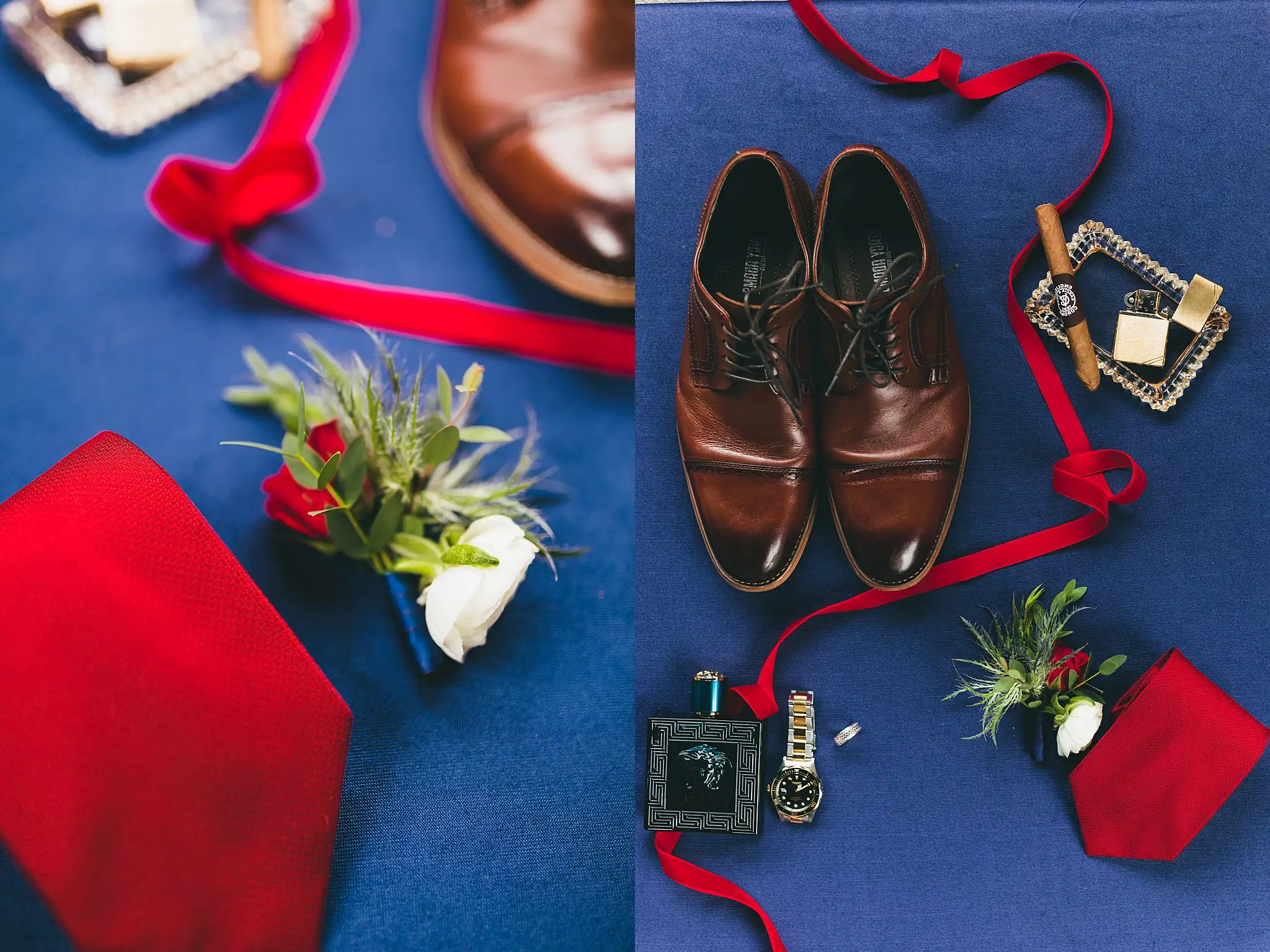Styled Shoot Hollywood Regency Wedding Inspiration Atlanta Photographers Wedding Details: the groom's oxfords, watch and red pocket square, at a Hollywood Regency Wedding styled shoot at the Foxglove in Marietta, GA