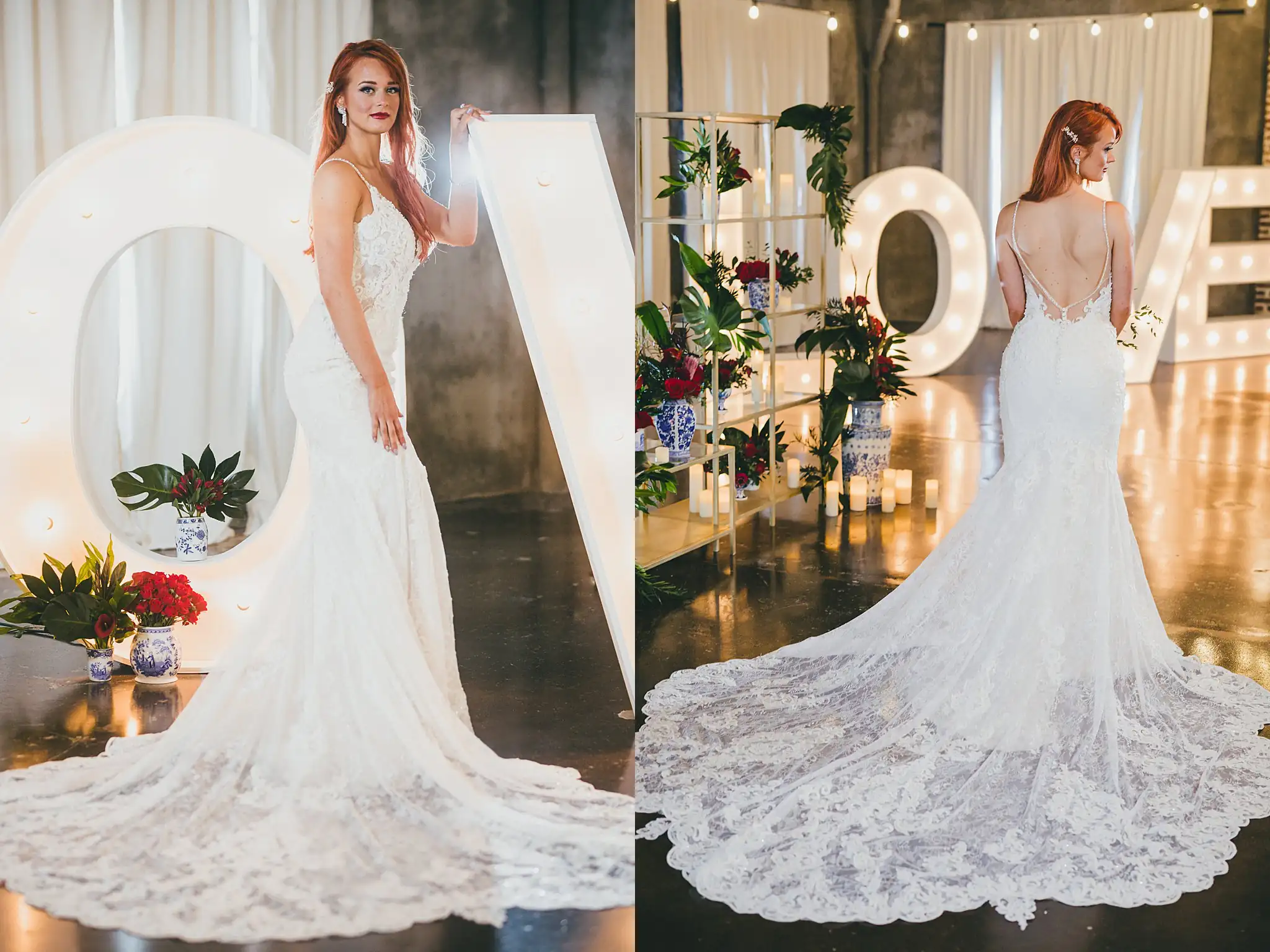 Styled Shoot Hollywood Regency Wedding Inspiration Atlanta Photographers Bridal Portraits: the bride and her lace train by the marquee, at a Hollywood Regency Wedding styled shoot at the Foxglove in Marietta, GA