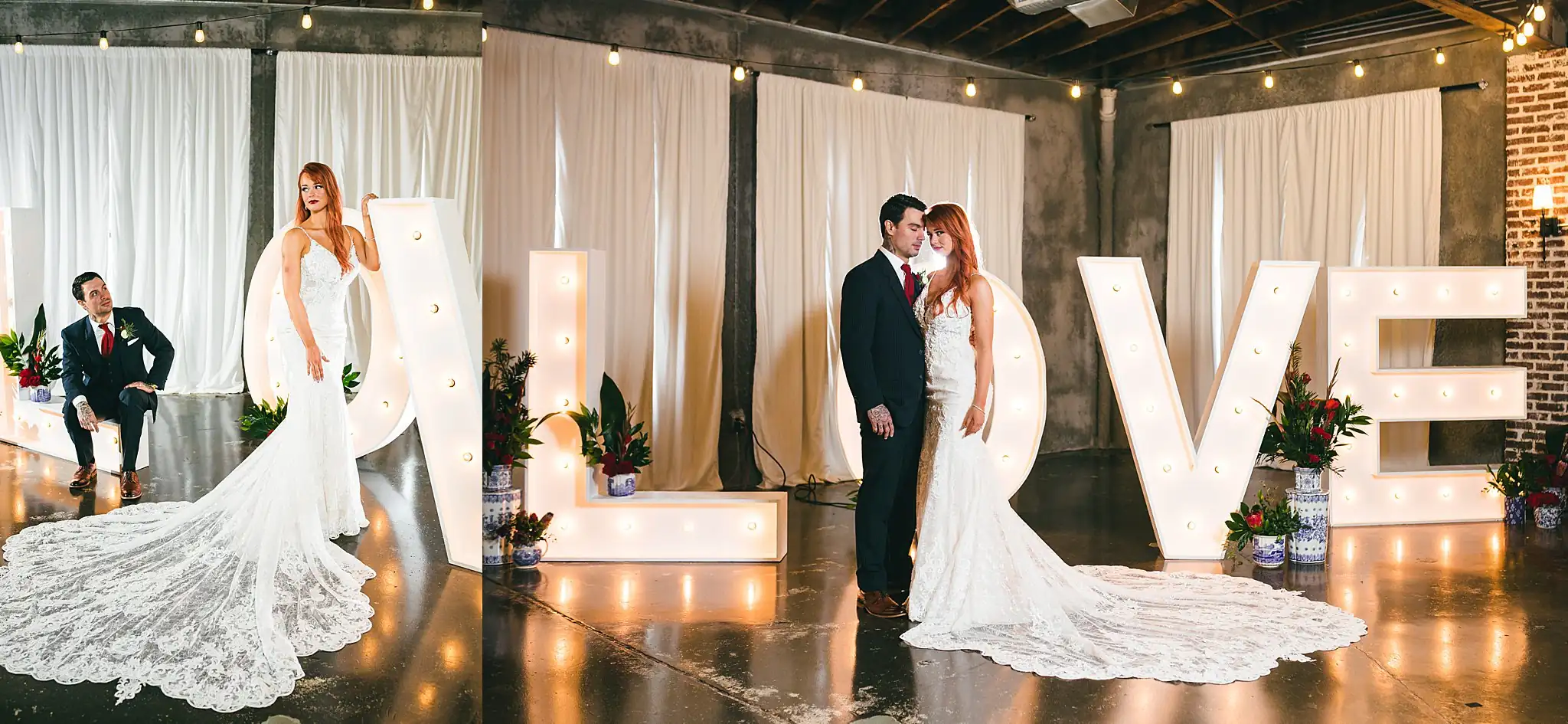 Styled Shoot Hollywood Regency Wedding Inspiration Atlanta Photographers Wedding Formals: the couple kissing beside the marquee letters, at a Hollywood Regency Wedding styled shoot at the Foxglove in Marietta, GA