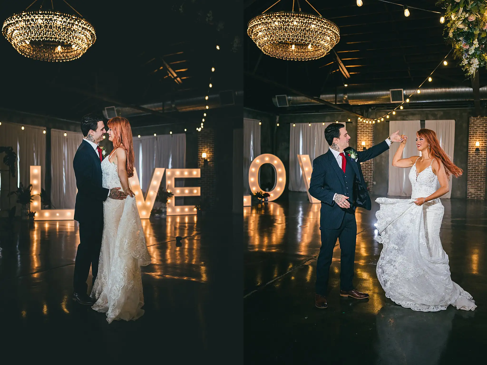 Styled Shoot Hollywood Regency Wedding Inspiration Atlanta Photographers First Dance: the couple dancing under the crystal chandeliers, at a Hollywood Regency Wedding styled shoot at the Foxglove in Marietta, GA