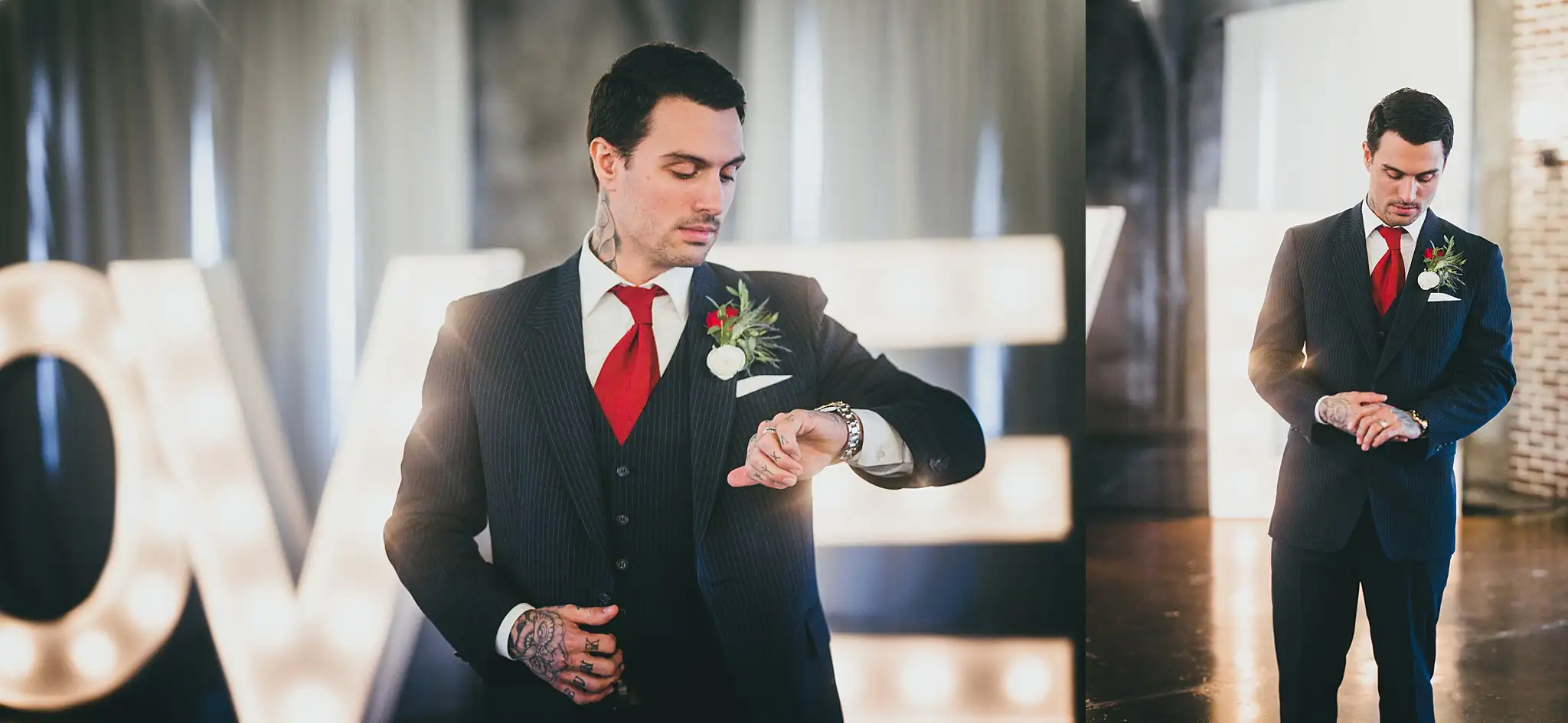 Styled Shoot Hollywood Regency Wedding Inspiration Atlanta Photographers Getting Ready: the groom checking his watch by the marquee letters, at a Hollywood Regency Wedding styled shoot at the Foxglove in Marietta, GA
