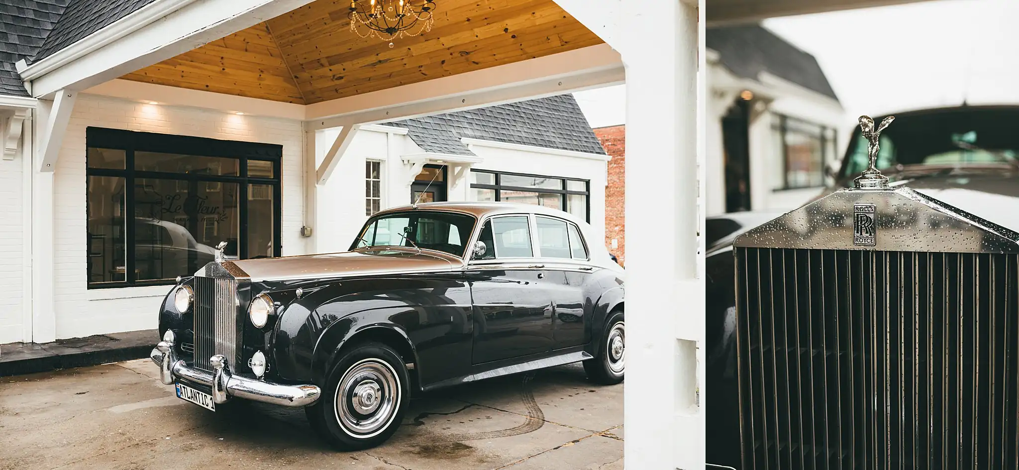 Styled Shoot Hollywood Regency Wedding Inspiration Atlanta Photographers Wedding Details: the vintage Rolls-Royce under the porte-cochere, at a Hollywood Regency Wedding styled shoot at the Foxglove in Marietta, GA