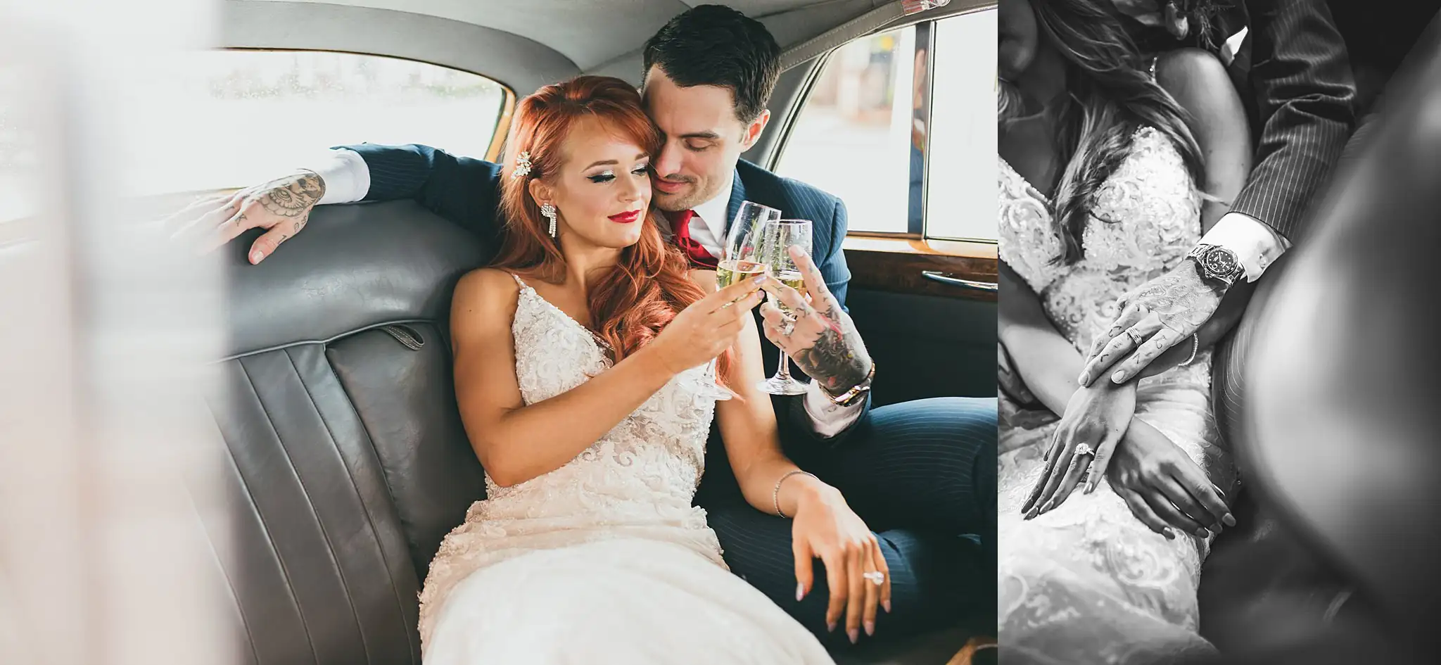 Styled Shoot Hollywood Regency Wedding Inspiration Atlanta Photographers Wedding Formals: the couple with champagne in the back of the car, at a Hollywood Regency Wedding styled shoot at the Foxglove in Marietta, GA