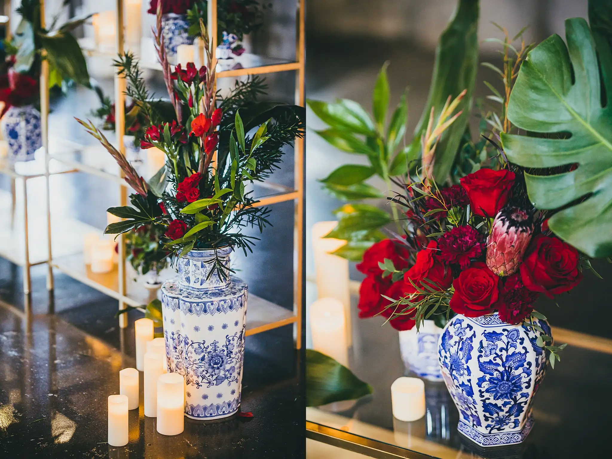 Styled Shoot Hollywood Regency Wedding Inspiration Atlanta Photographers Wedding Florals: red roses and monstera on the ceremony shelving, at a Hollywood Regency Wedding styled shoot at the Foxglove in Marietta, GA