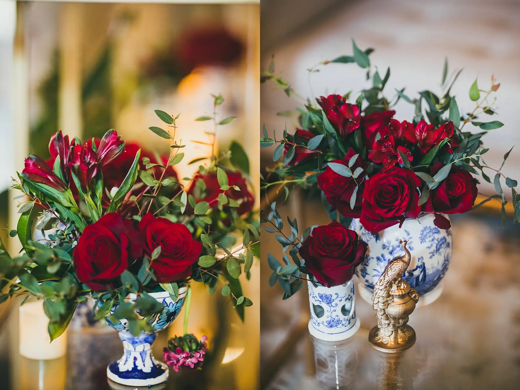 Styled Shoot Hollywood Regency Wedding Inspiration Atlanta Photographers Wedding Florals: red roses and tulips in blue-and-white ginger jars, at a Hollywood Regency Wedding styled shoot at the Foxglove in Marietta, GA