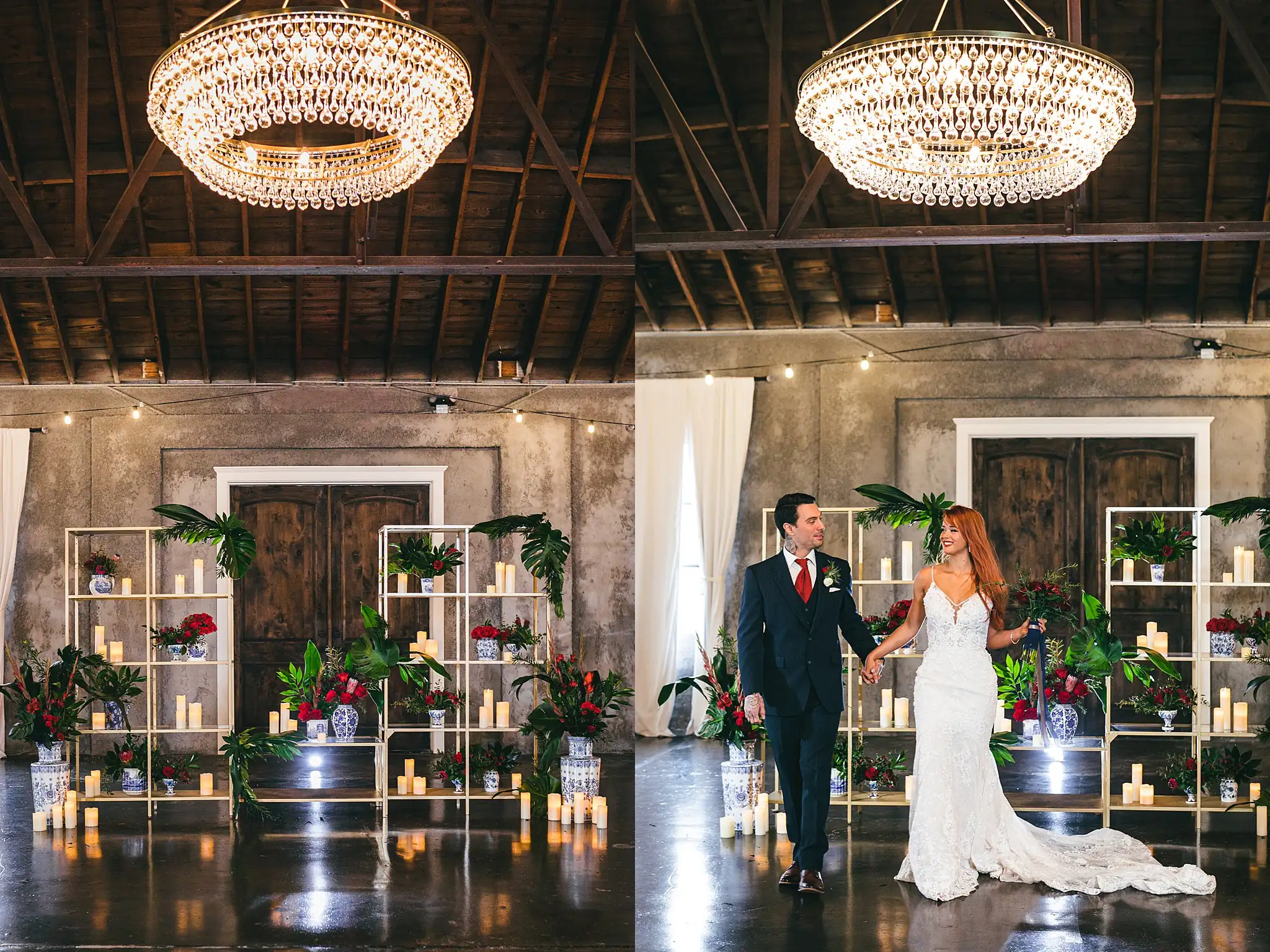 Styled Shoot Hollywood Regency Wedding Inspiration Atlanta Photographers Wedding Ceremony: the couple in the candlelit ceremony space, at a Hollywood Regency Wedding styled shoot at the Foxglove in Marietta, GA