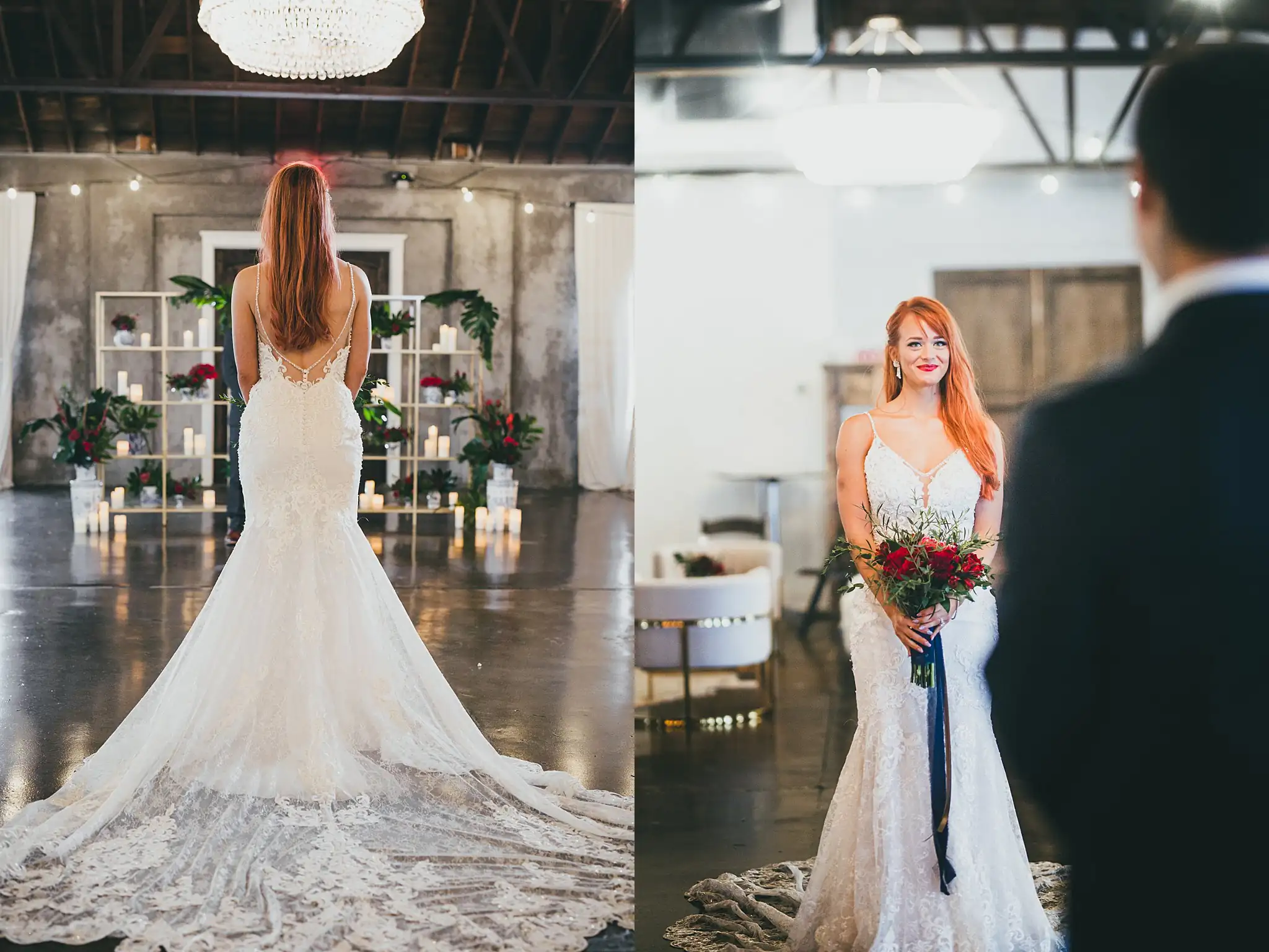 Styled Shoot Hollywood Regency Wedding Inspiration Atlanta Photographers Bridal Portraits: the low lace back of the bride's gown, at a Hollywood Regency Wedding styled shoot at the Foxglove in Marietta, GA