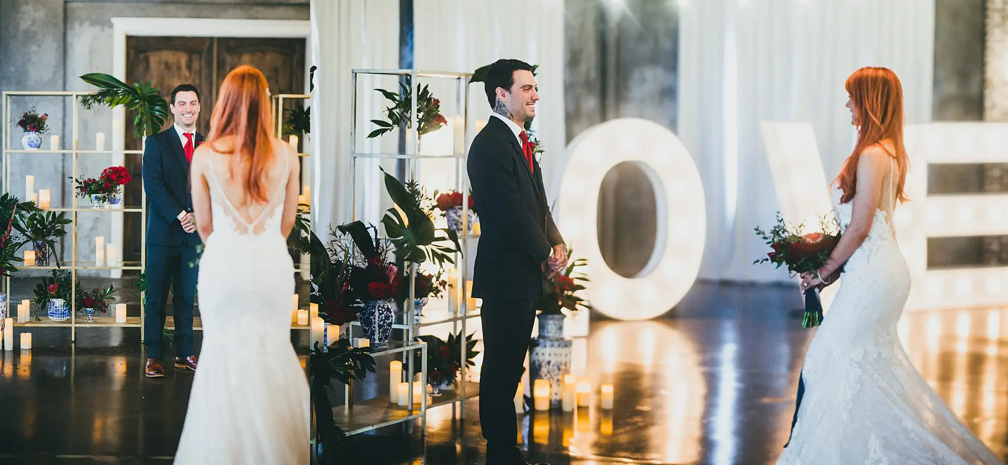 Styled Shoot Hollywood Regency Wedding Inspiration Atlanta Photographers Wedding Ceremony: the couple apart, the marquee letters behind them, at a Hollywood Regency Wedding styled shoot at the Foxglove in Marietta, GA