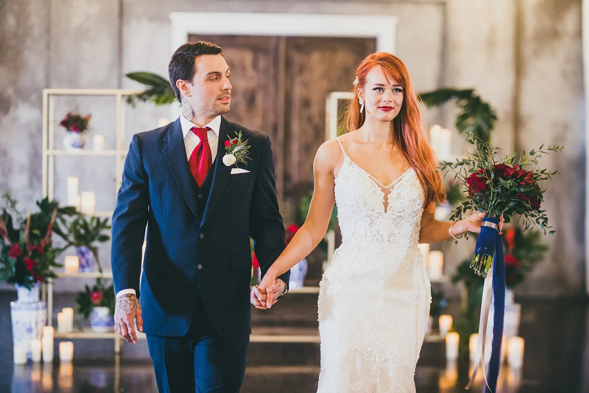 Styled Shoot Hollywood Regency Wedding Inspiration Atlanta Photographers Wedding Ceremony: the couple walking out hand in hand, at a Hollywood Regency Wedding styled shoot at the Foxglove in Marietta, GA