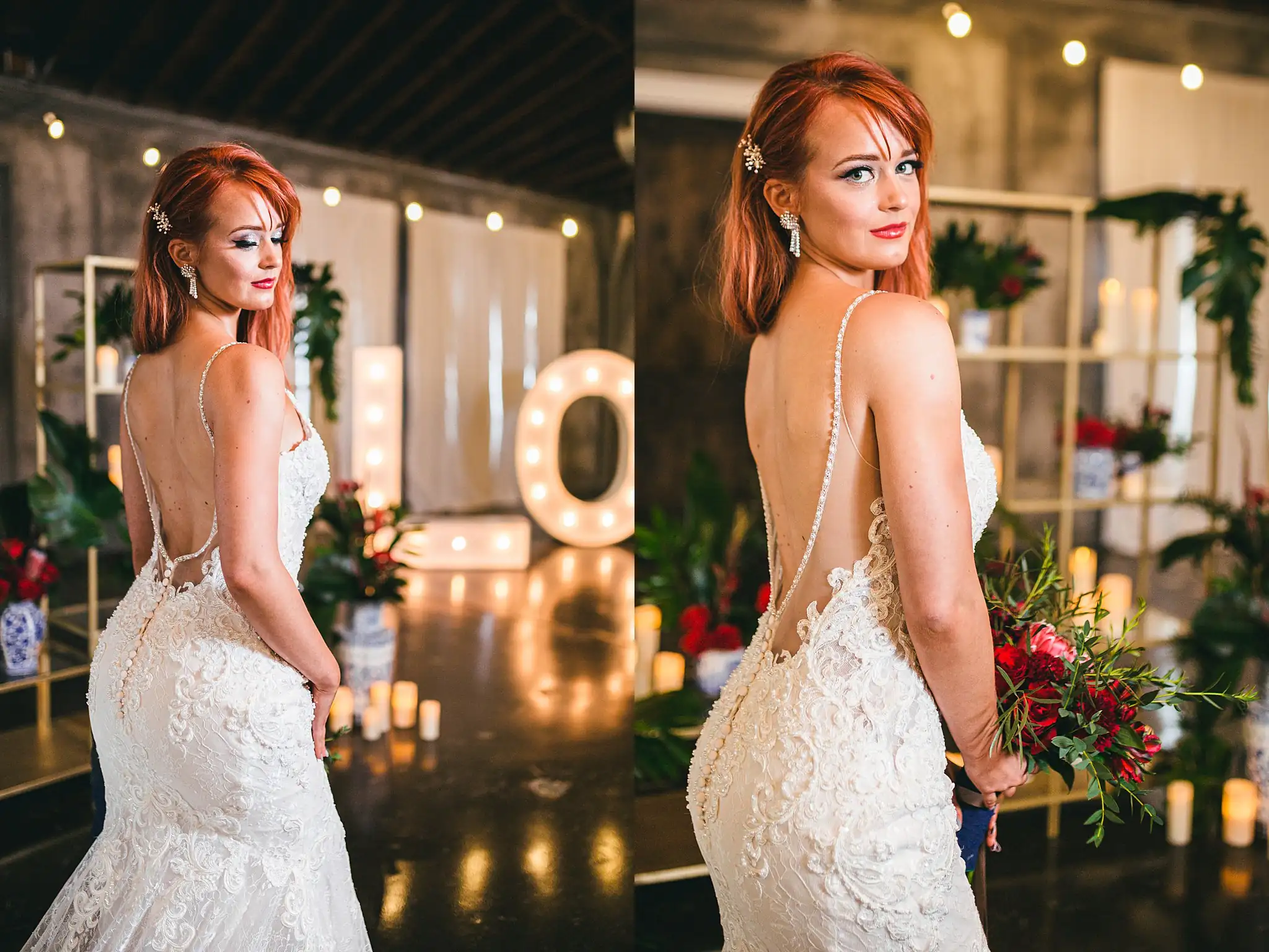 Styled Shoot Hollywood Regency Wedding Inspiration Atlanta Photographers Bridal Portraits: the open lace back of the gown by candlelight, at a Hollywood Regency Wedding styled shoot at the Foxglove in Marietta, GA