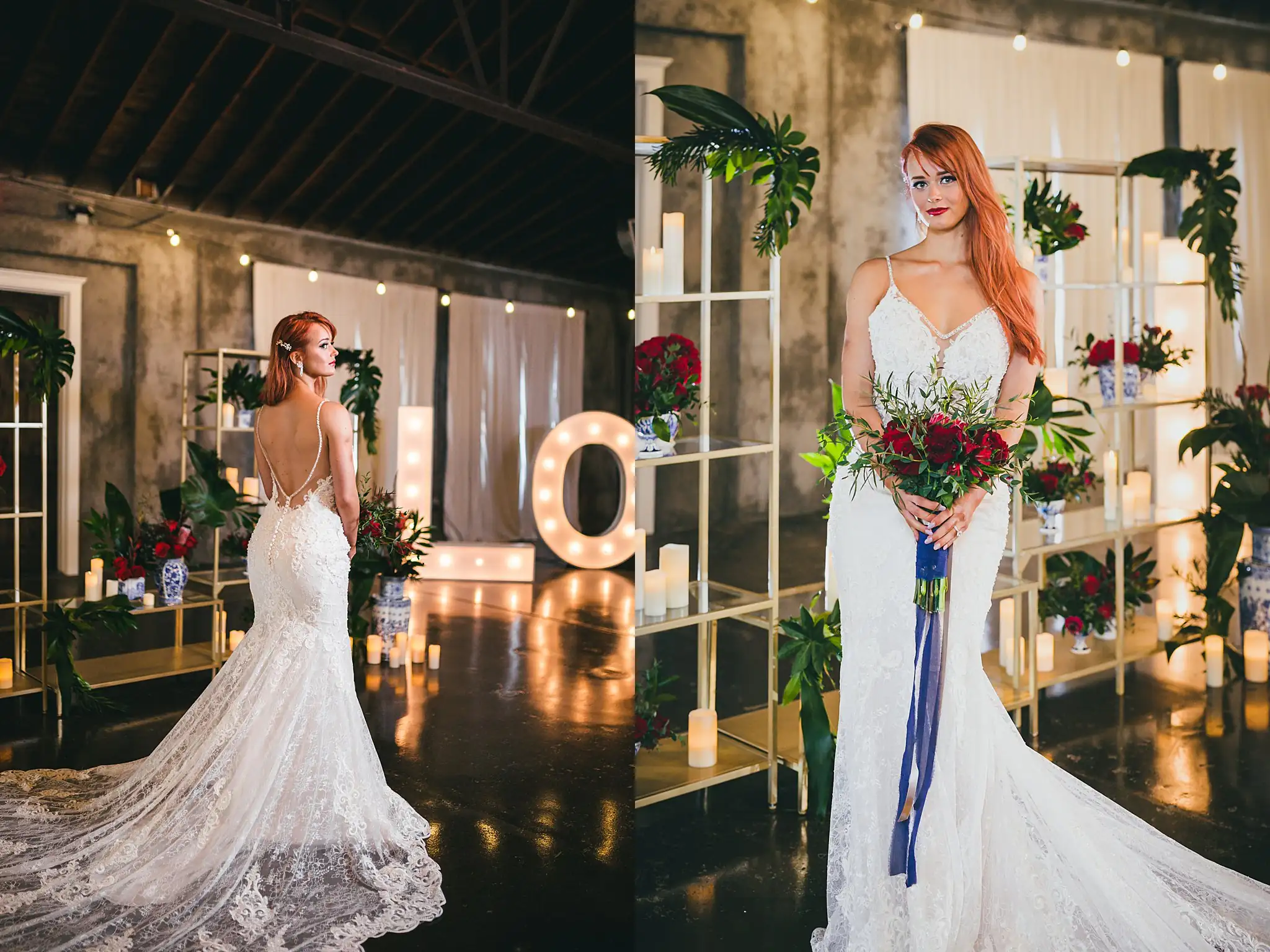 Styled Shoot Hollywood Regency Wedding Inspiration Atlanta Photographers Bridal Portraits: the bride with her lace train fanned out, at a Hollywood Regency Wedding styled shoot at the Foxglove in Marietta, GA