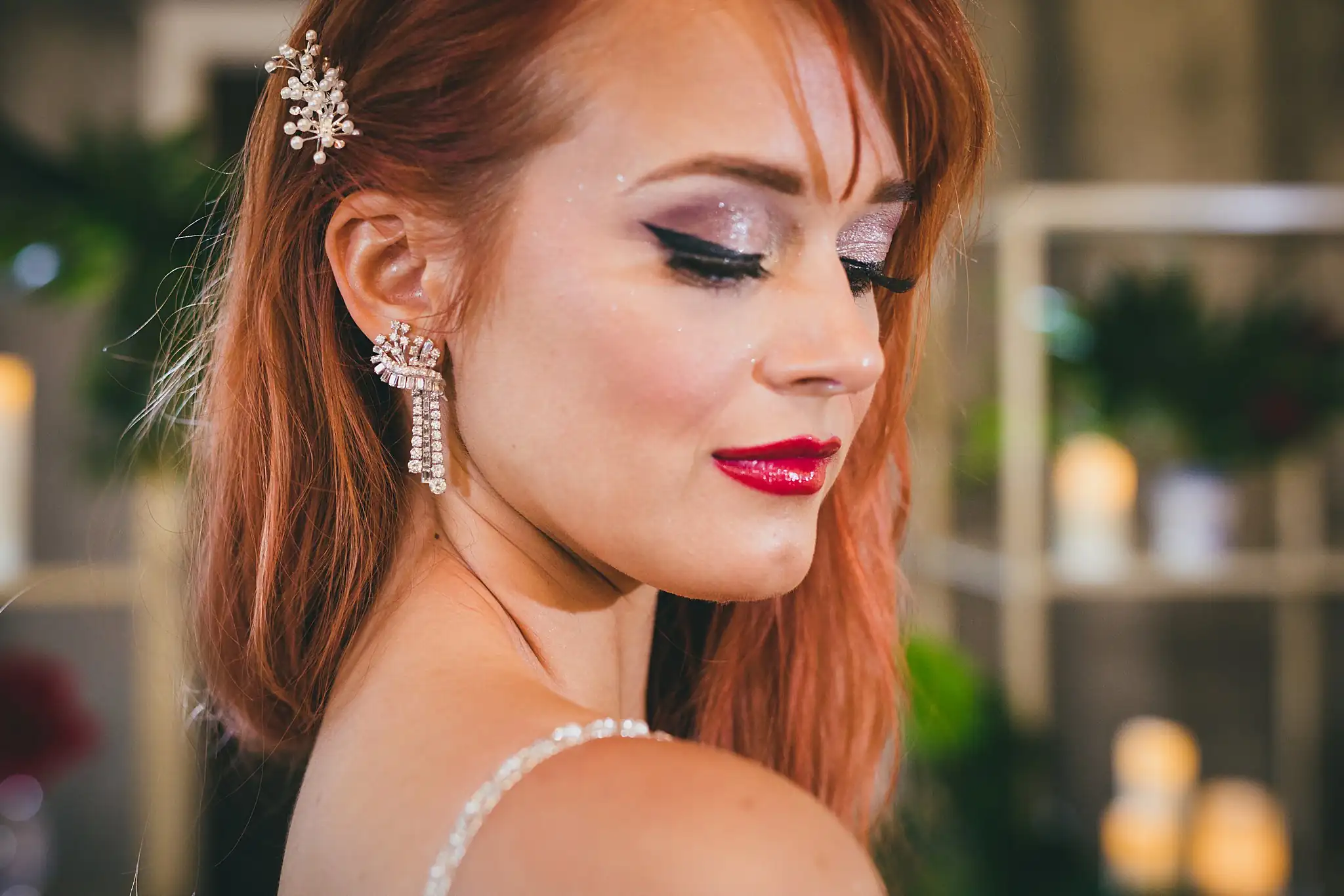 Styled Shoot Hollywood Regency Wedding Inspiration Atlanta Photographers Bridal Portraits: the crystal hair comb, drop earring and red lip, at a Hollywood Regency Wedding styled shoot at the Foxglove in Marietta, GA
