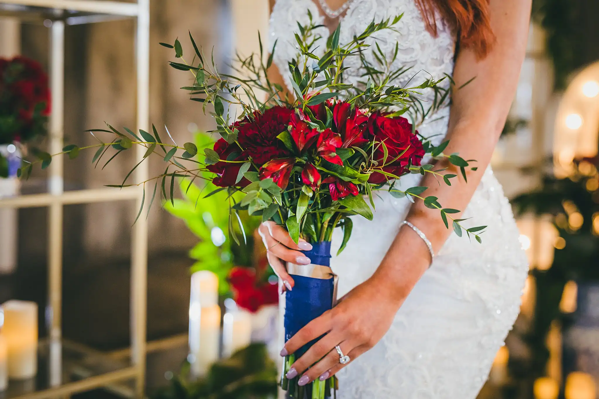 Styled Shoot Hollywood Regency Wedding Inspiration Atlanta Photographers Wedding Florals: the red rose bouquet in its navy velvet wrap, at a Hollywood Regency Wedding styled shoot at the Foxglove in Marietta, GA