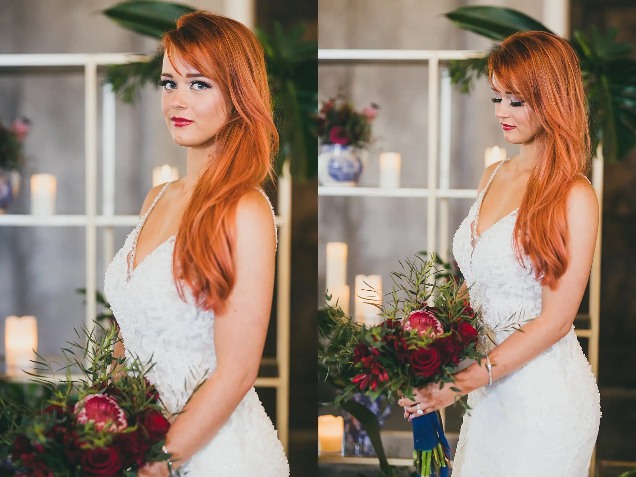 Styled Shoot Hollywood Regency Wedding Inspiration Atlanta Photographers Bridal Portraits: the bride holding her red rose bouquet, at a Hollywood Regency Wedding styled shoot at the Foxglove in Marietta, GA