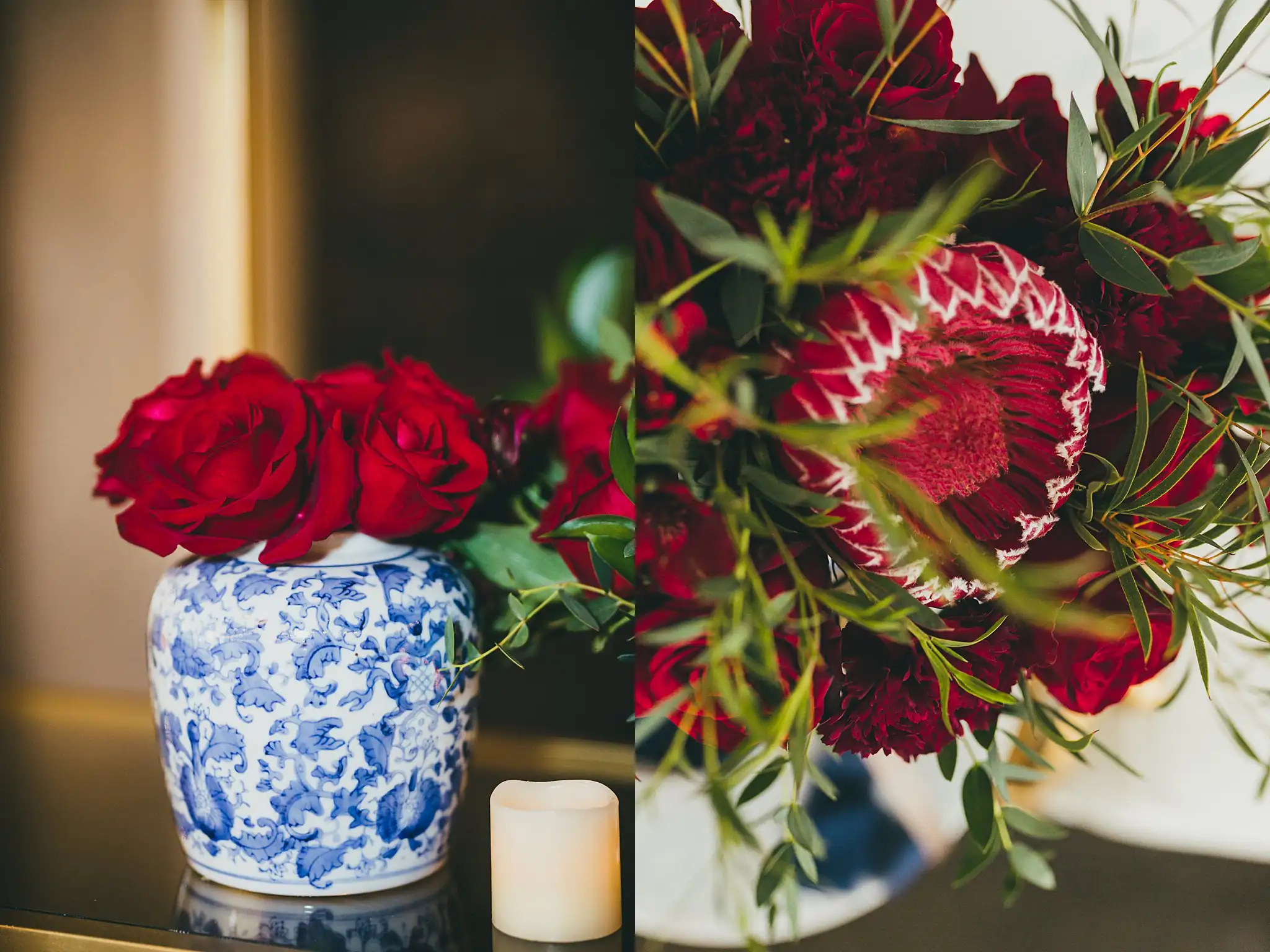 Styled Shoot Hollywood Regency Wedding Inspiration Atlanta Photographers Wedding Florals: red roses and protea by a pillar candle, at a Hollywood Regency Wedding styled shoot at the Foxglove in Marietta, GA