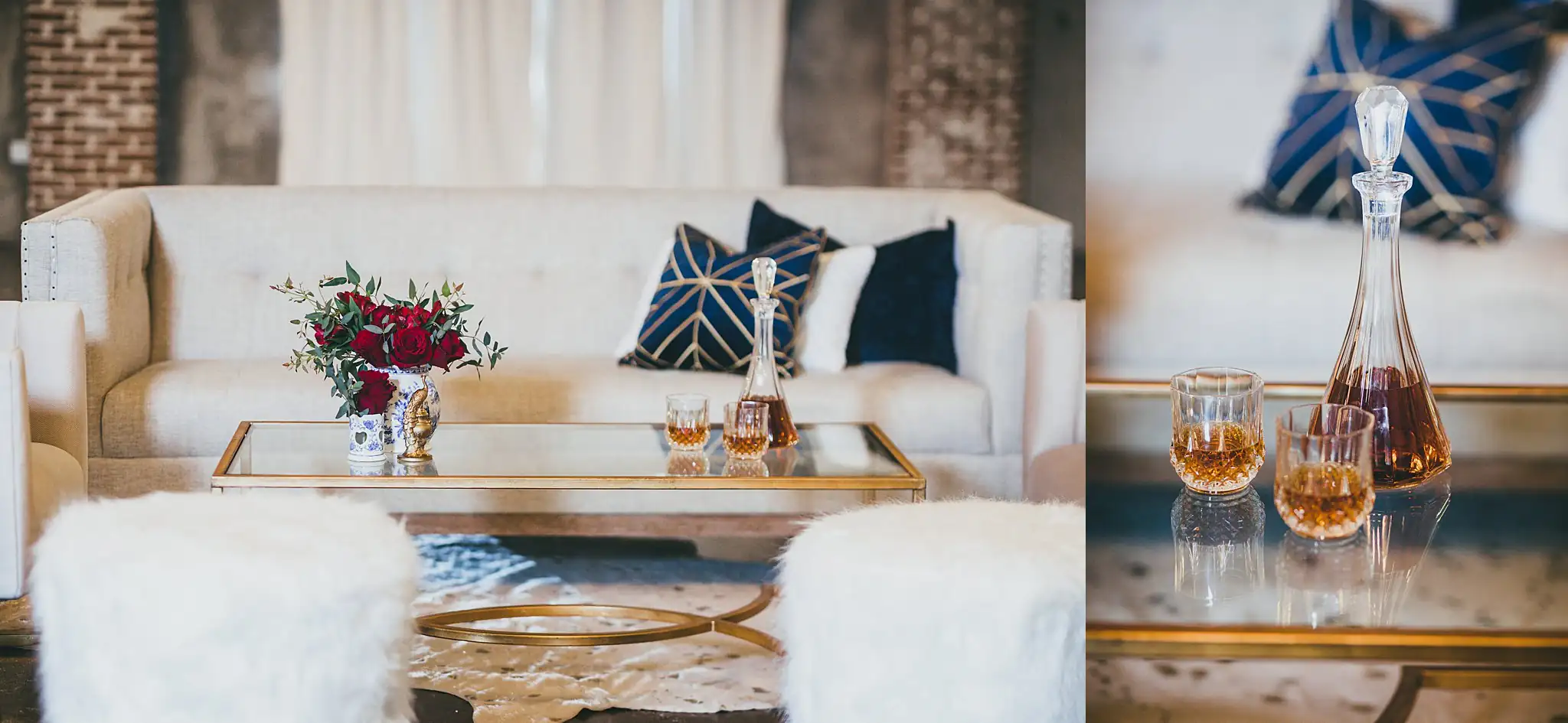 Styled Shoot Hollywood Regency Wedding Inspiration Atlanta Photographers Reception Details: the lounge of cream sofas and gold tables, at a Hollywood Regency Wedding styled shoot at the Foxglove in Marietta, GA