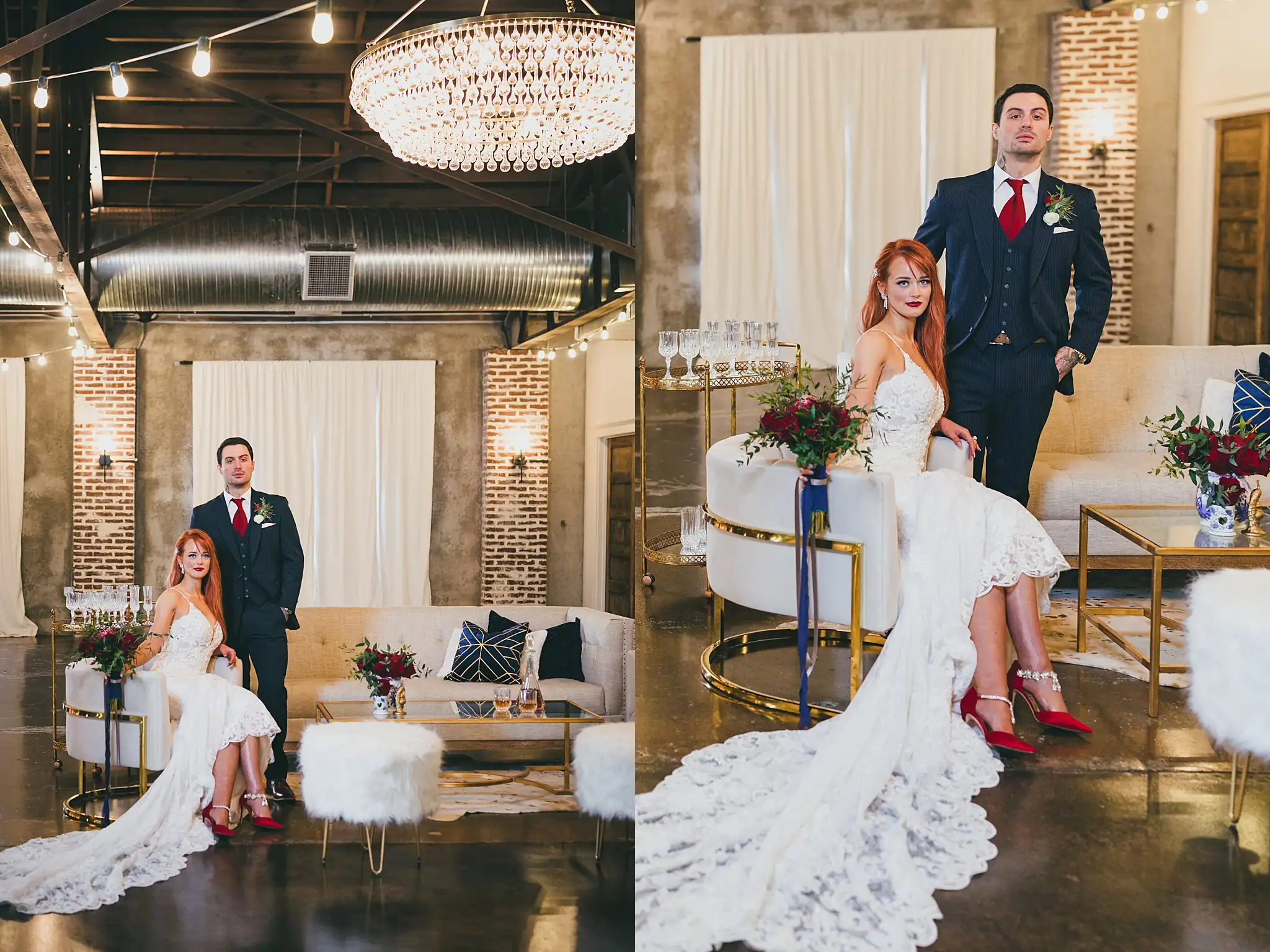 Styled Shoot Hollywood Regency Wedding Inspiration Atlanta Photographers Wedding Formals: the bride reclining on the lounge sofa, at a Hollywood Regency Wedding styled shoot at the Foxglove in Marietta, GA