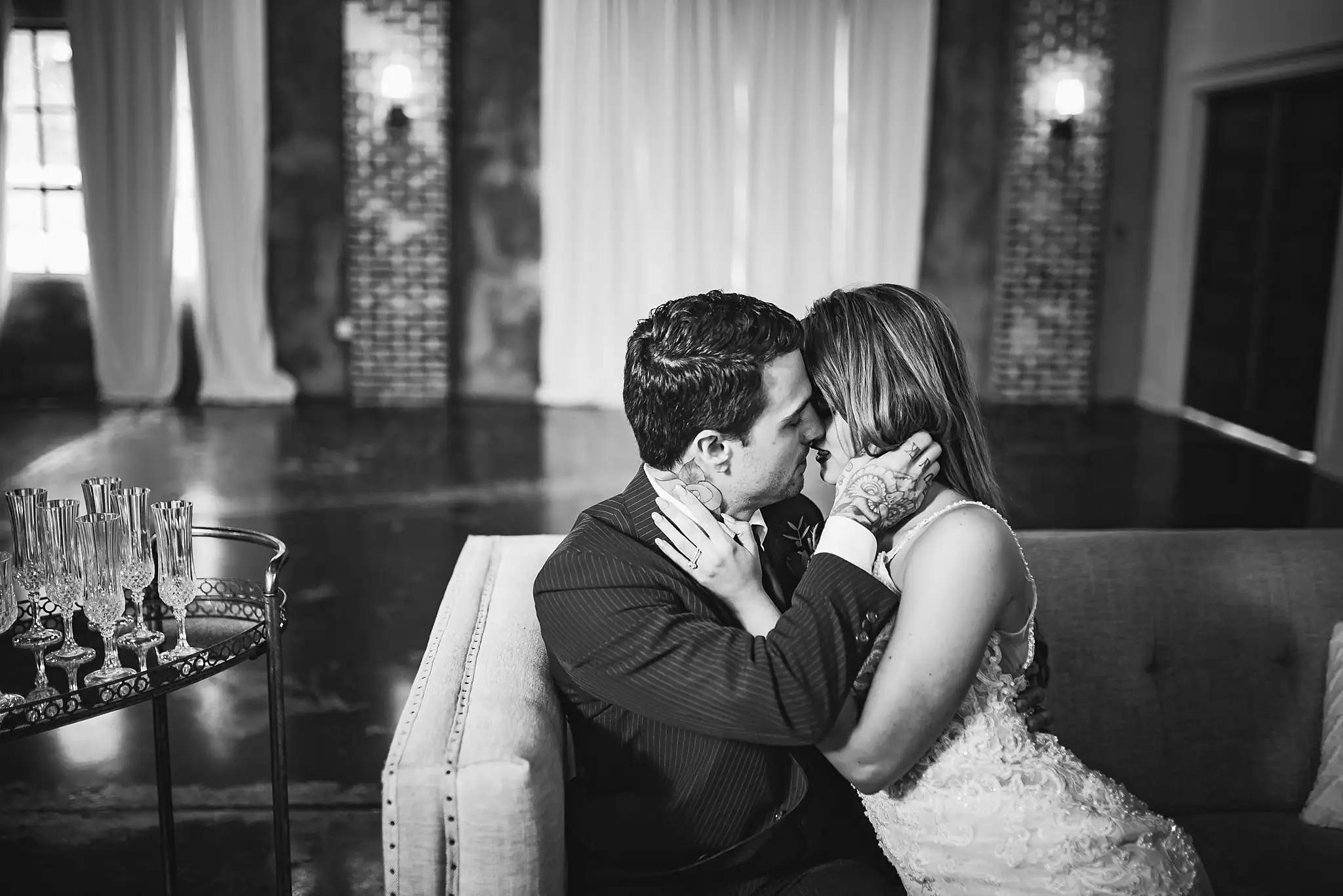 Styled Shoot Hollywood Regency Wedding Inspiration Atlanta Photographers Wedding Formals: the couple leaning close, in black and white, at a Hollywood Regency Wedding styled shoot at the Foxglove in Marietta, GA
