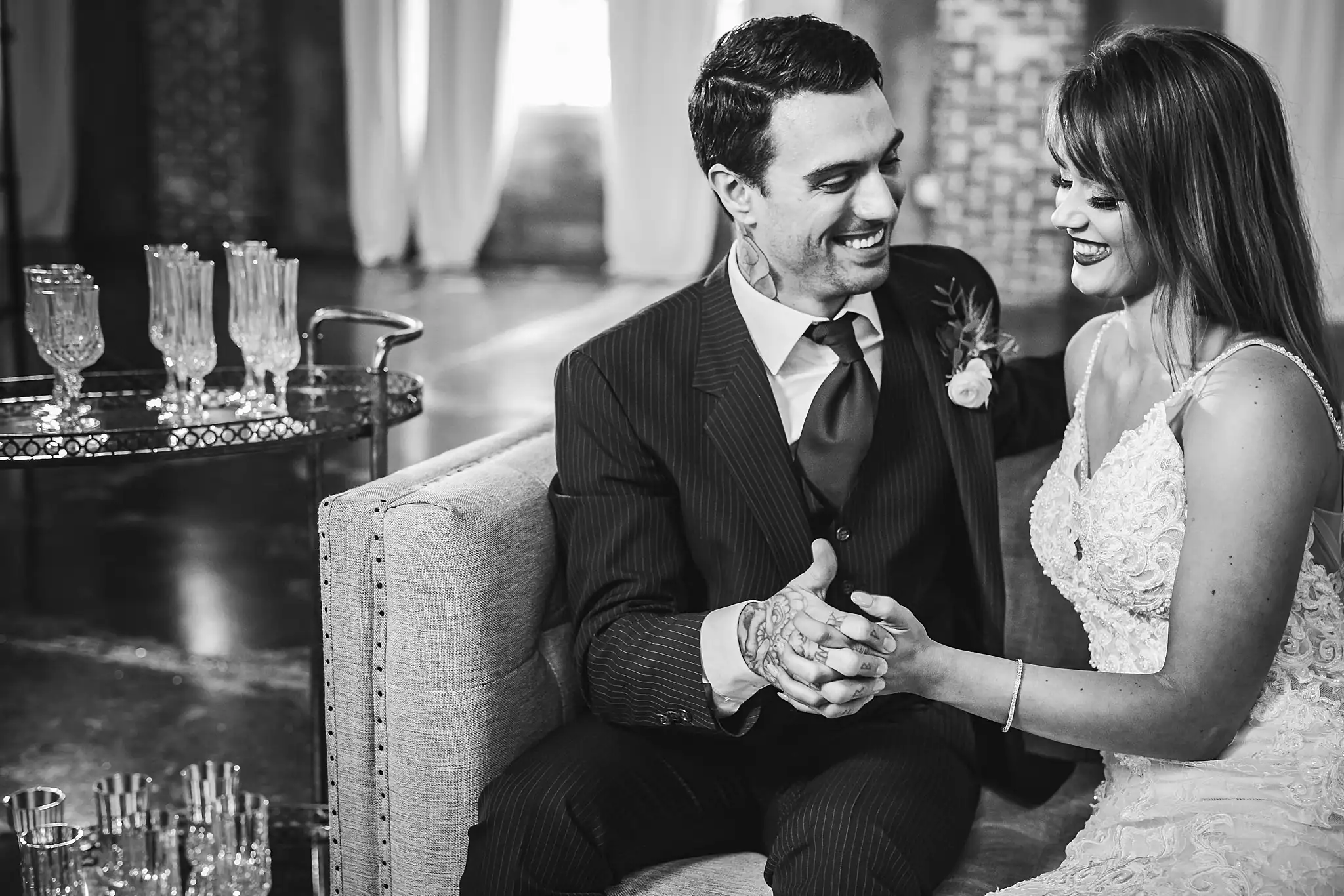 Styled Shoot Hollywood Regency Wedding Inspiration Atlanta Photographers Wedding Formals: the couple laughing, in black and white, at a Hollywood Regency Wedding styled shoot at the Foxglove in Marietta, GA
