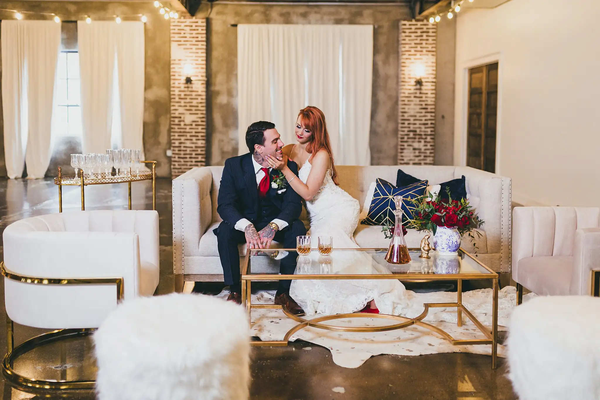 Styled Shoot Hollywood Regency Wedding Inspiration Atlanta Photographers Wedding Formals: the couple seated in the gold and white lounge, at a Hollywood Regency Wedding styled shoot at the Foxglove in Marietta, GA