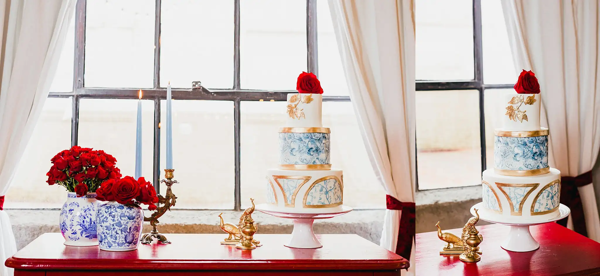 Styled Shoot Hollywood Regency Wedding Inspiration Atlanta Photographers Wedding Cake Details: the chinoiserie wedding cake on a red dresser, at a Hollywood Regency Wedding styled shoot at the Foxglove in Marietta, GA