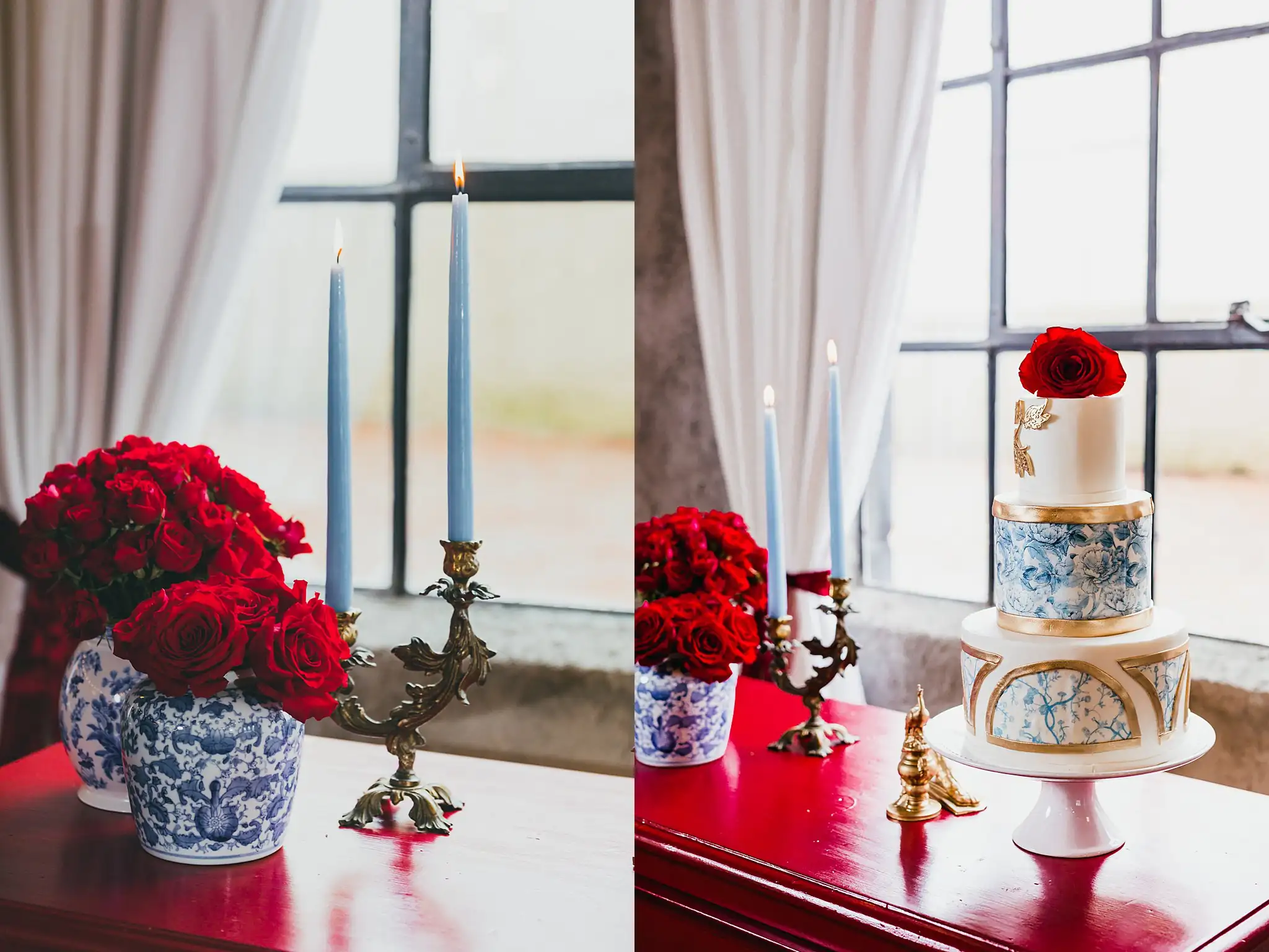 Styled Shoot Hollywood Regency Wedding Inspiration Atlanta Photographers Wedding Cake Details: red roses and blue tapers beside the cake, at a Hollywood Regency Wedding styled shoot at the Foxglove in Marietta, GA