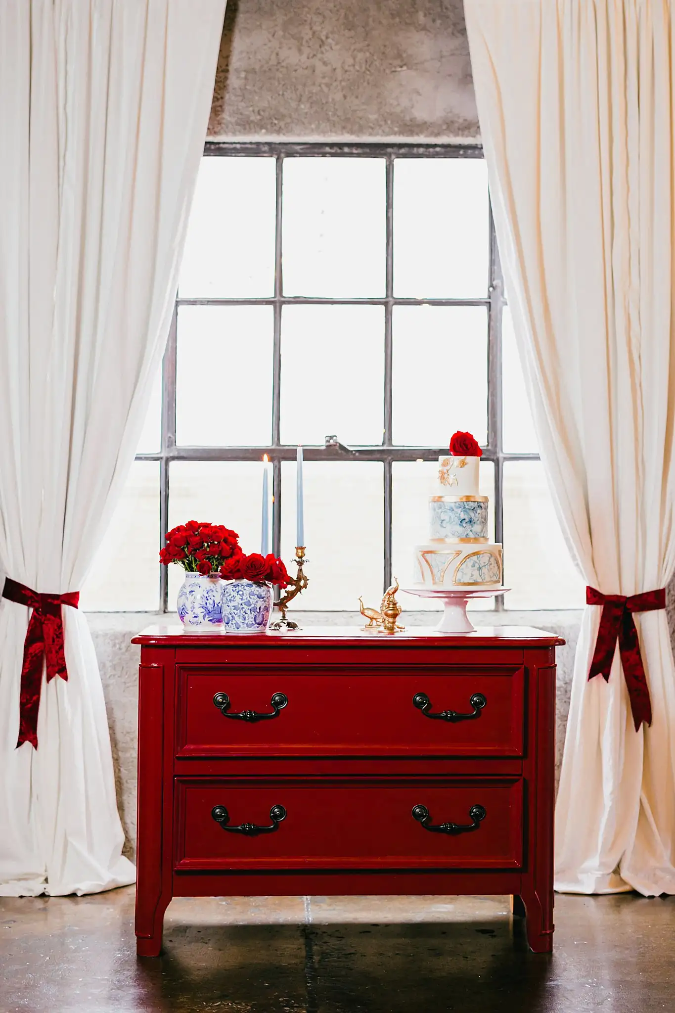 Styled Shoot Hollywood Regency Wedding Inspiration Atlanta Photographers Wedding Cake Details: the red dresser set as the cake table, at a Hollywood Regency Wedding styled shoot at the Foxglove in Marietta, GA