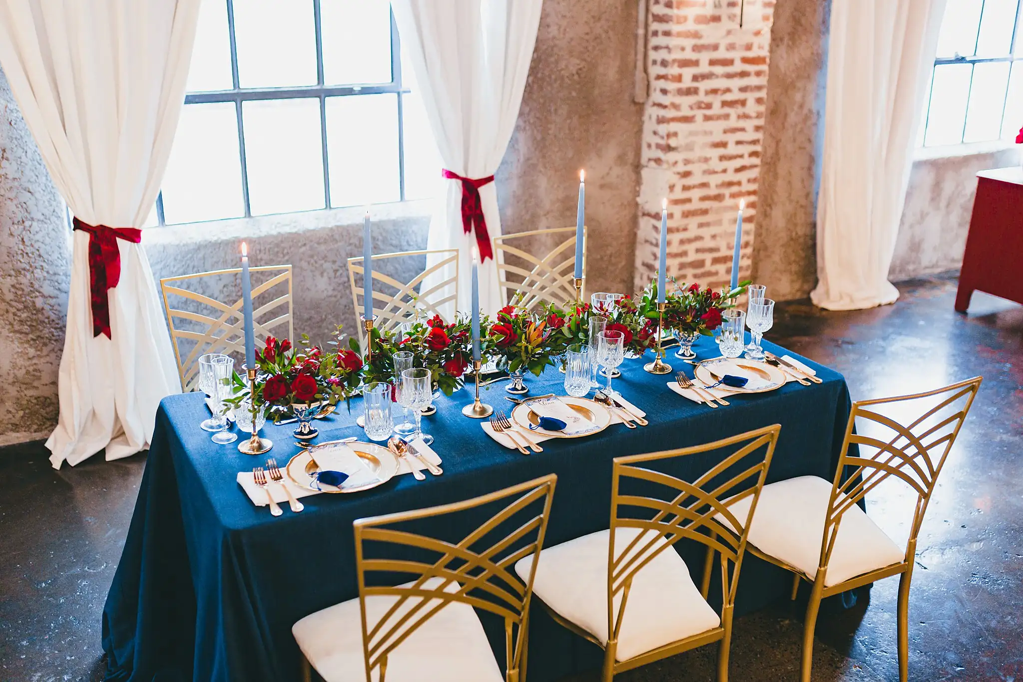 Styled Shoot Hollywood Regency Wedding Inspiration Atlanta Photographers Reception Details: the navy table with gold art deco chairs, at a Hollywood Regency Wedding styled shoot at the Foxglove in Marietta, GA