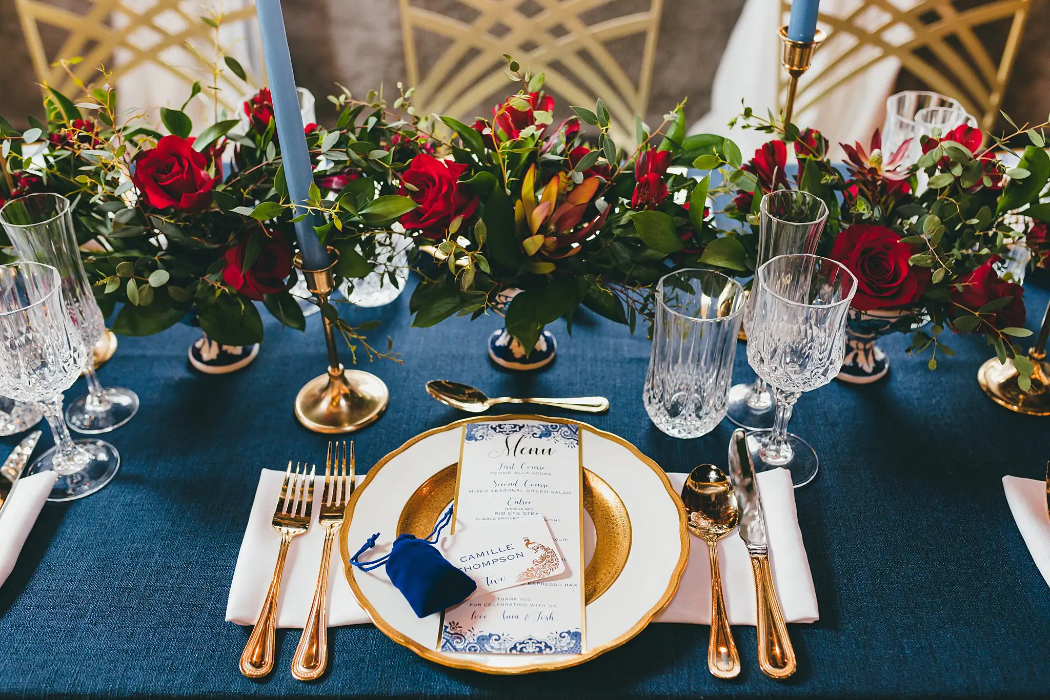 Styled Shoot Hollywood Regency Wedding Inspiration Atlanta Photographers Reception Details: the printed menu on a gold charger, at a Hollywood Regency Wedding styled shoot at the Foxglove in Marietta, GA