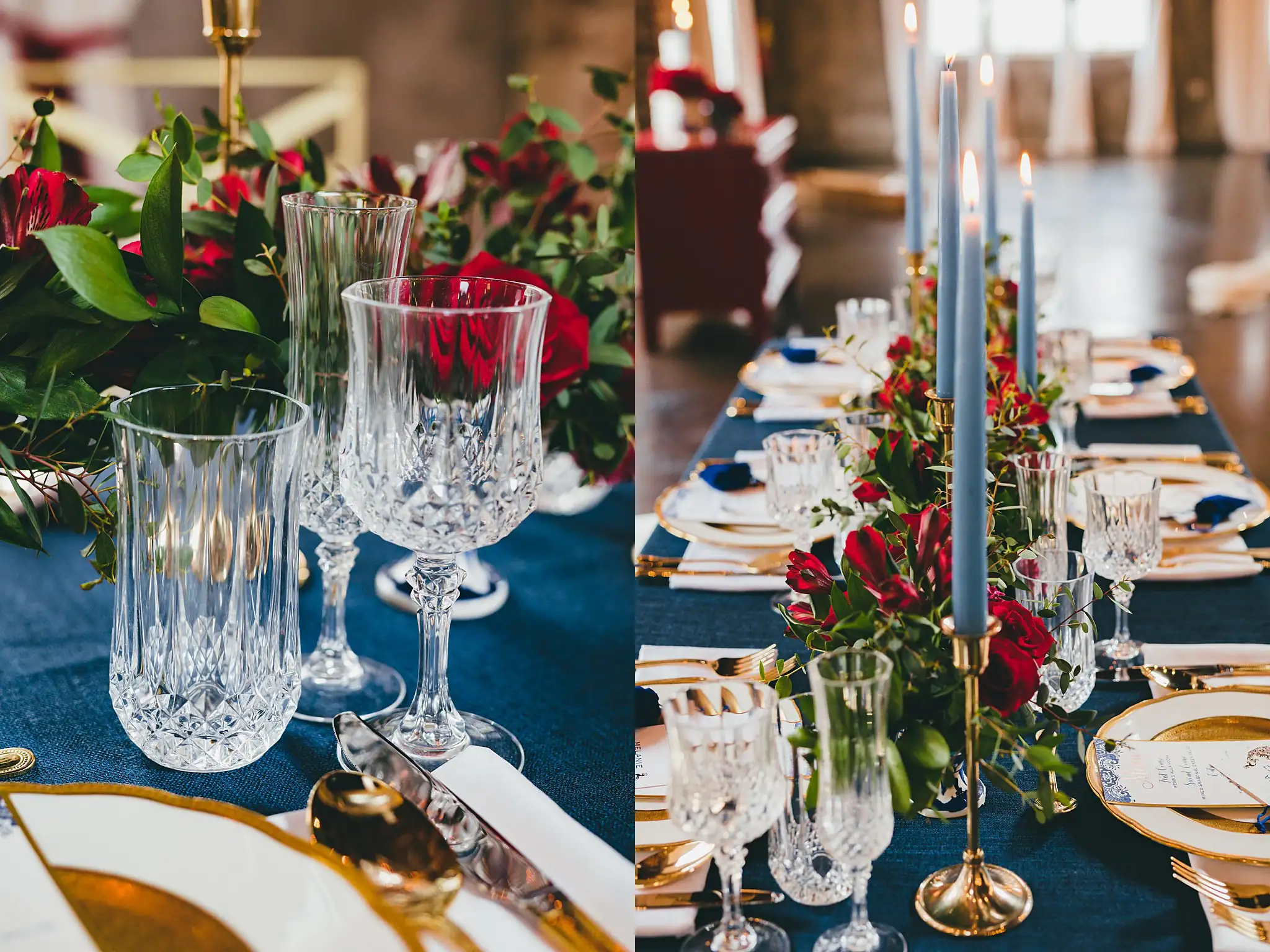 Styled Shoot Hollywood Regency Wedding Inspiration Atlanta Photographers Reception Details: cut crystal glassware on the long navy table, at a Hollywood Regency Wedding styled shoot at the Foxglove in Marietta, GA