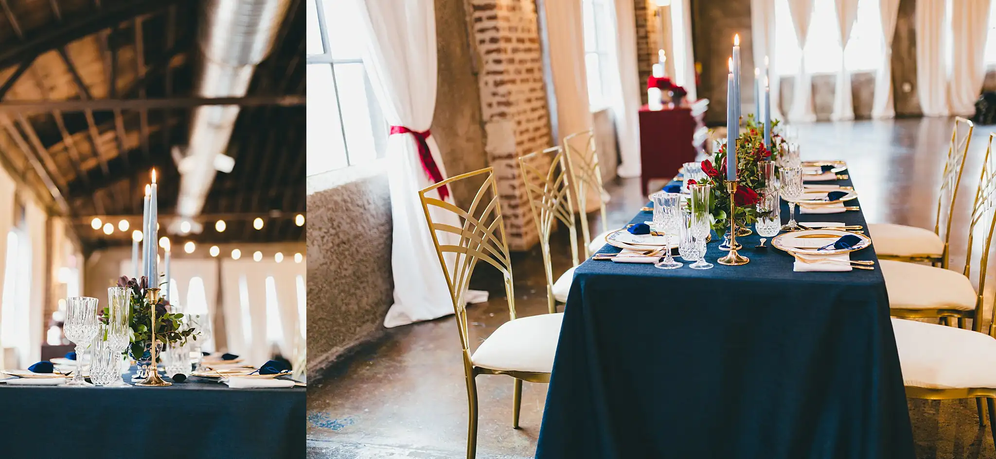 Styled Shoot Hollywood Regency Wedding Inspiration Atlanta Photographers Reception Details: the long navy table under the string lights, at a Hollywood Regency Wedding styled shoot at the Foxglove in Marietta, GA
