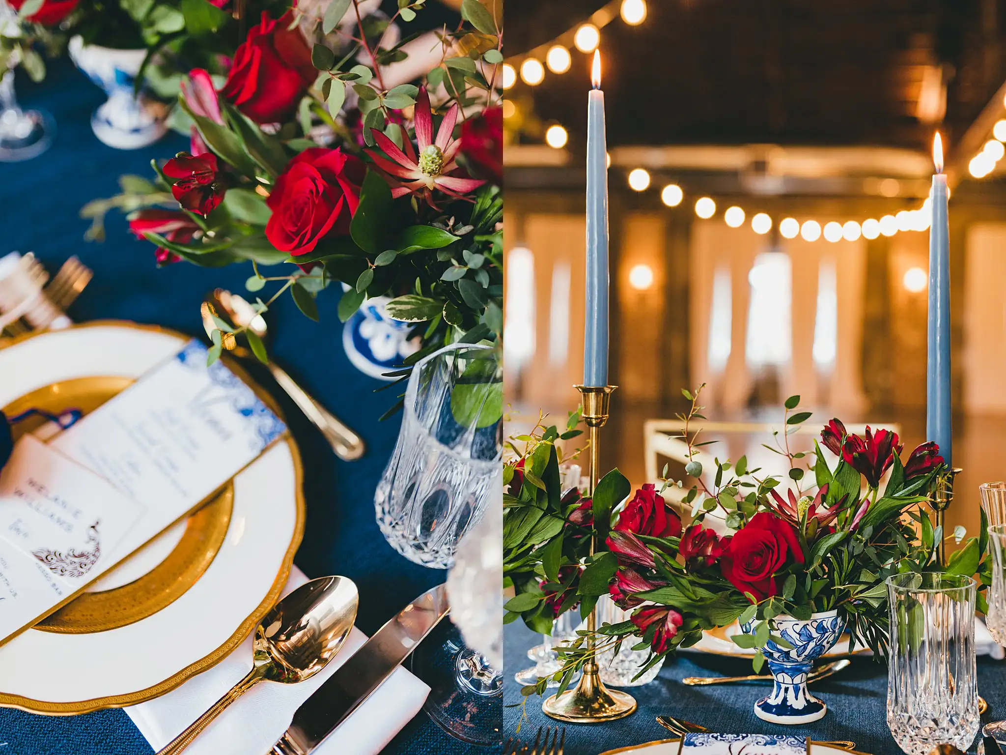 Styled Shoot Hollywood Regency Wedding Inspiration Atlanta Photographers Reception Details: a place setting by the runner of red roses, at a Hollywood Regency Wedding styled shoot at the Foxglove in Marietta, GA