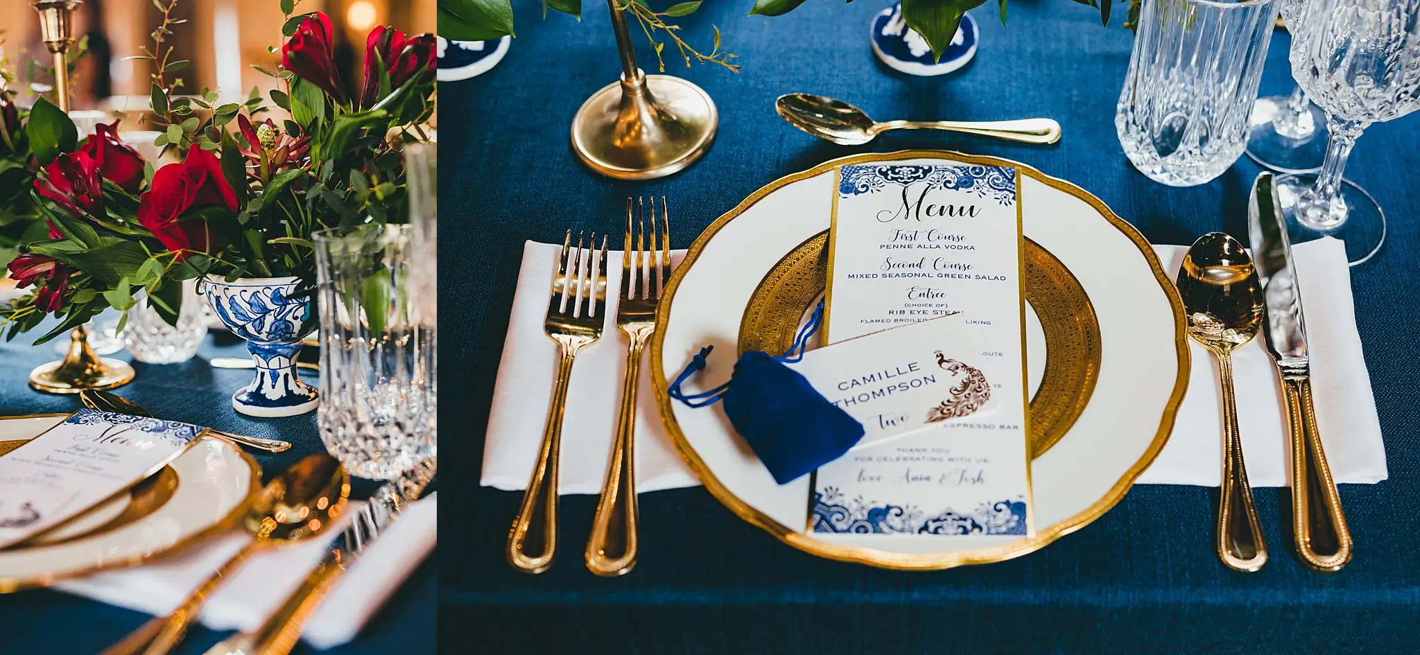 Styled Shoot Hollywood Regency Wedding Inspiration Atlanta Photographers Reception Details: gold flatware and the menu card on navy linen, at a Hollywood Regency Wedding styled shoot at the Foxglove in Marietta, GA