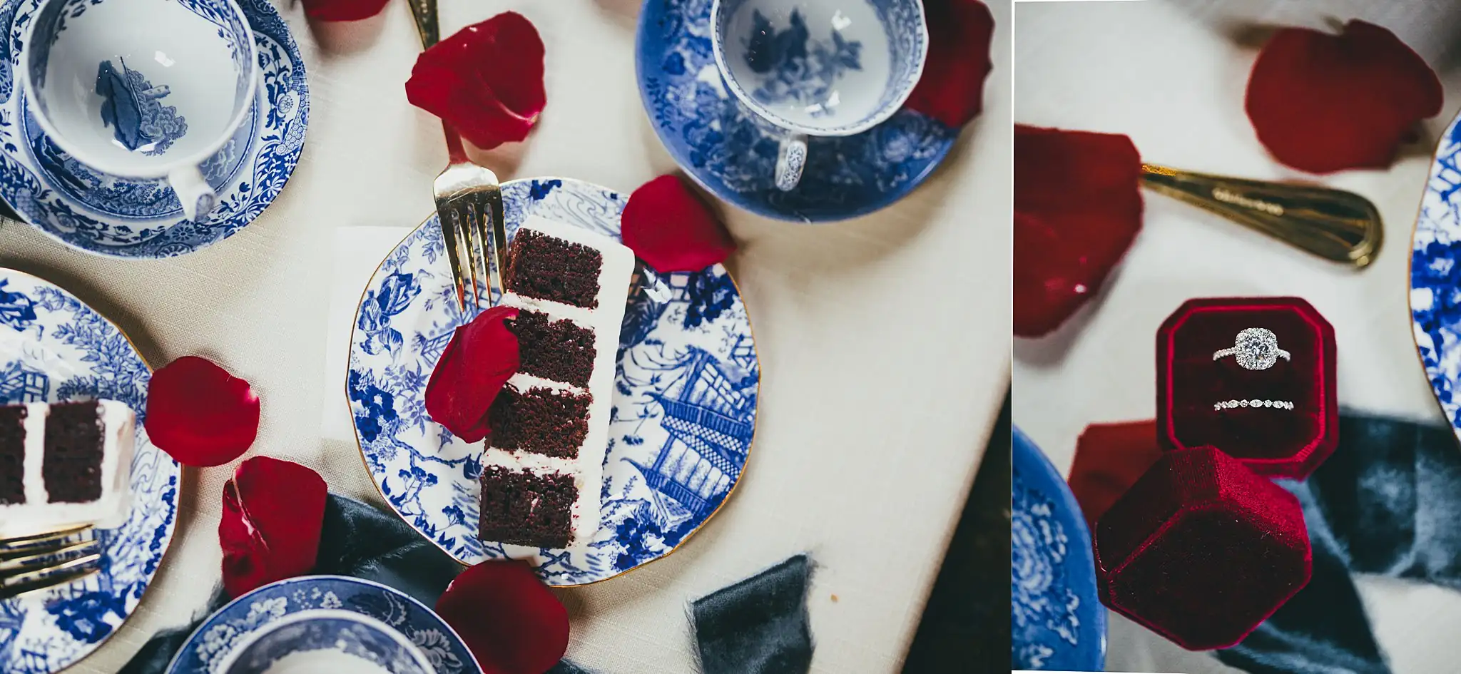 Styled Shoot Hollywood Regency Wedding Inspiration Atlanta Photographers Wedding Cake Details: a slice of chocolate cake with rose petals, at a Hollywood Regency Wedding styled shoot at the Foxglove in Marietta, GA
