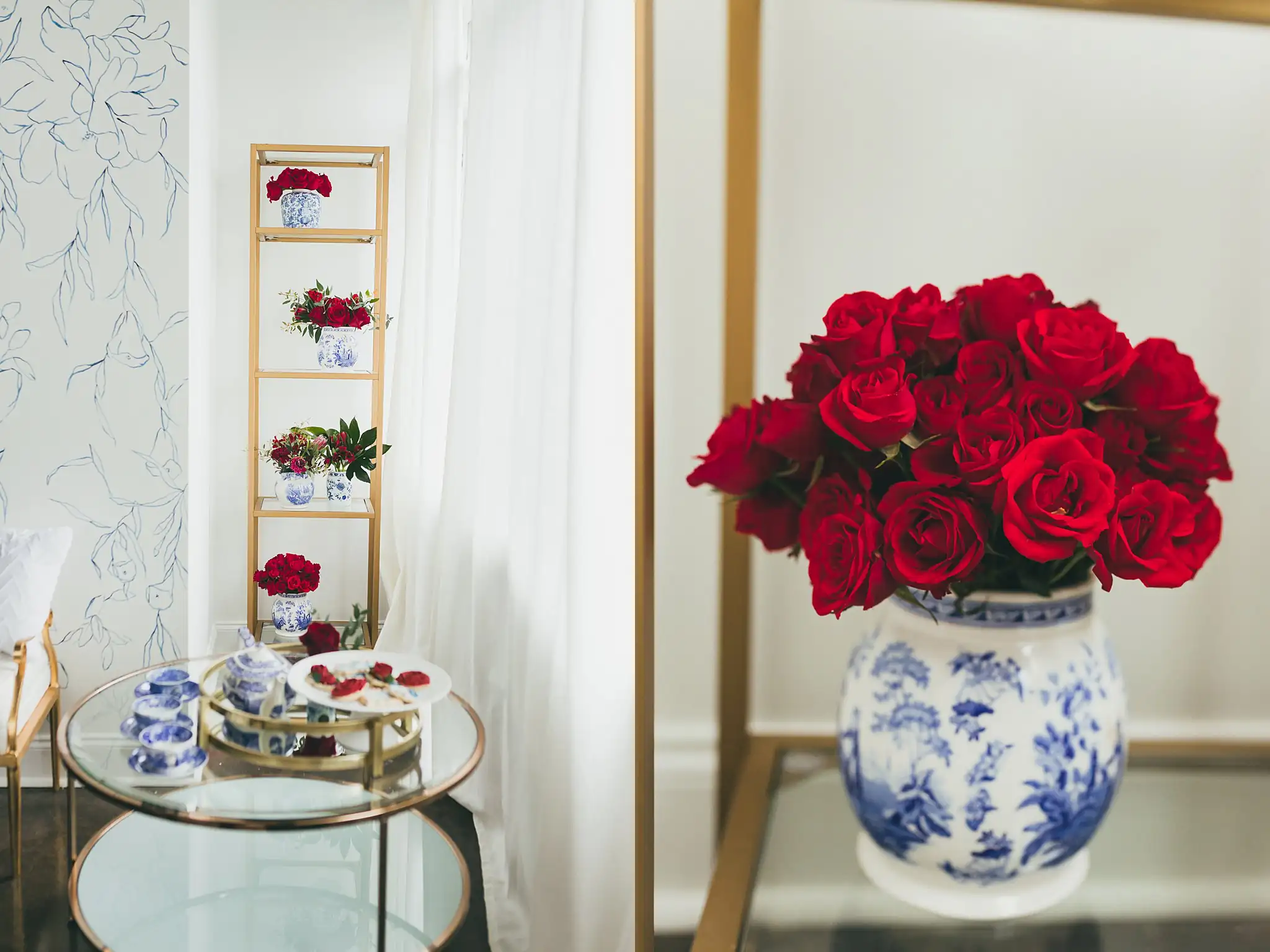 Styled Shoot Hollywood Regency Wedding Inspiration Atlanta Photographers Reception Details: red roses in a ginger jar by a gold tea stand, at a Hollywood Regency Wedding styled shoot at the Foxglove in Marietta, GA