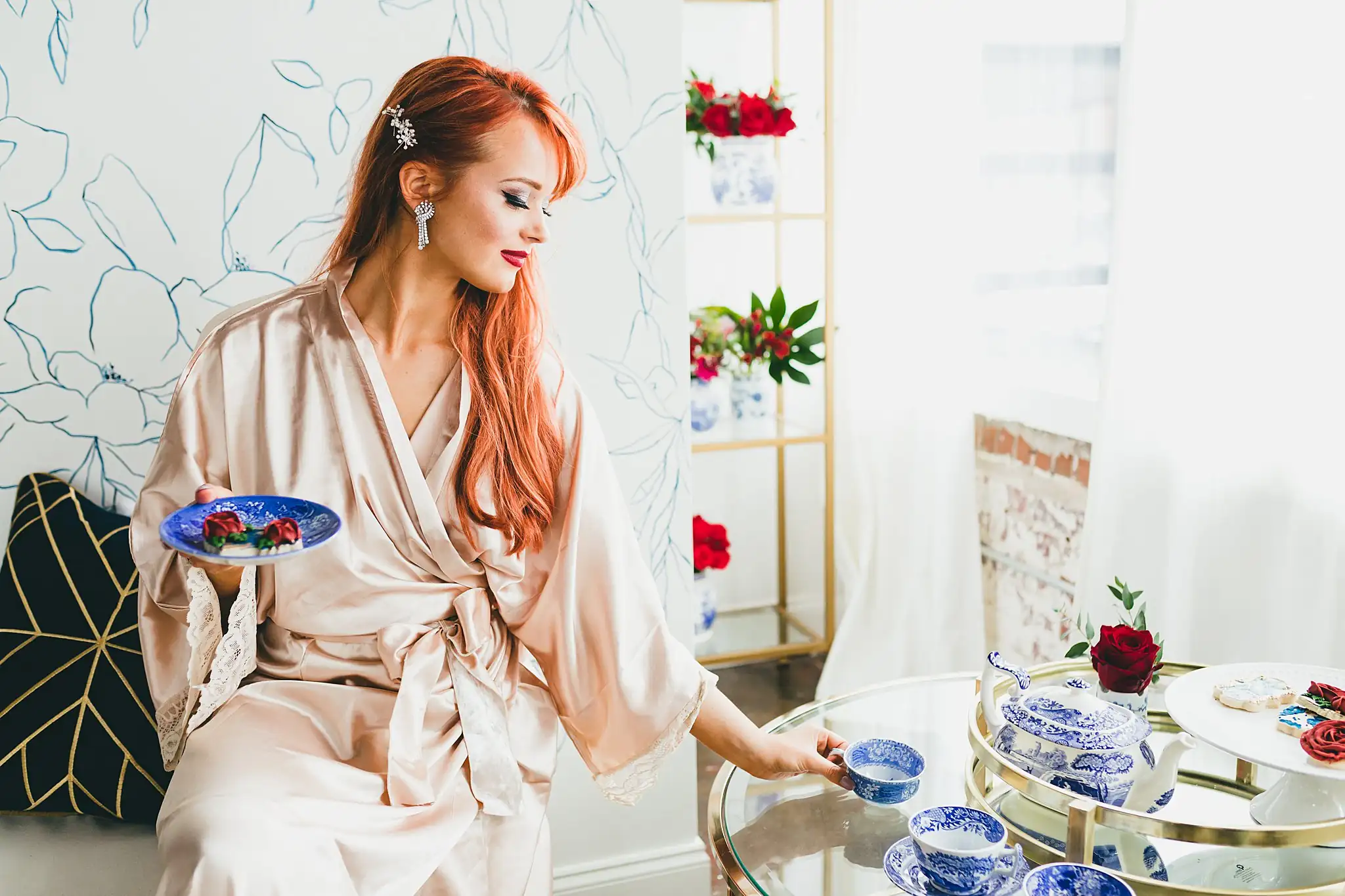 Styled Shoot Hollywood Regency Wedding Inspiration Atlanta Photographers Getting Ready: the bride in her robe at the tea service, at a Hollywood Regency Wedding styled shoot at the Foxglove in Marietta, GA