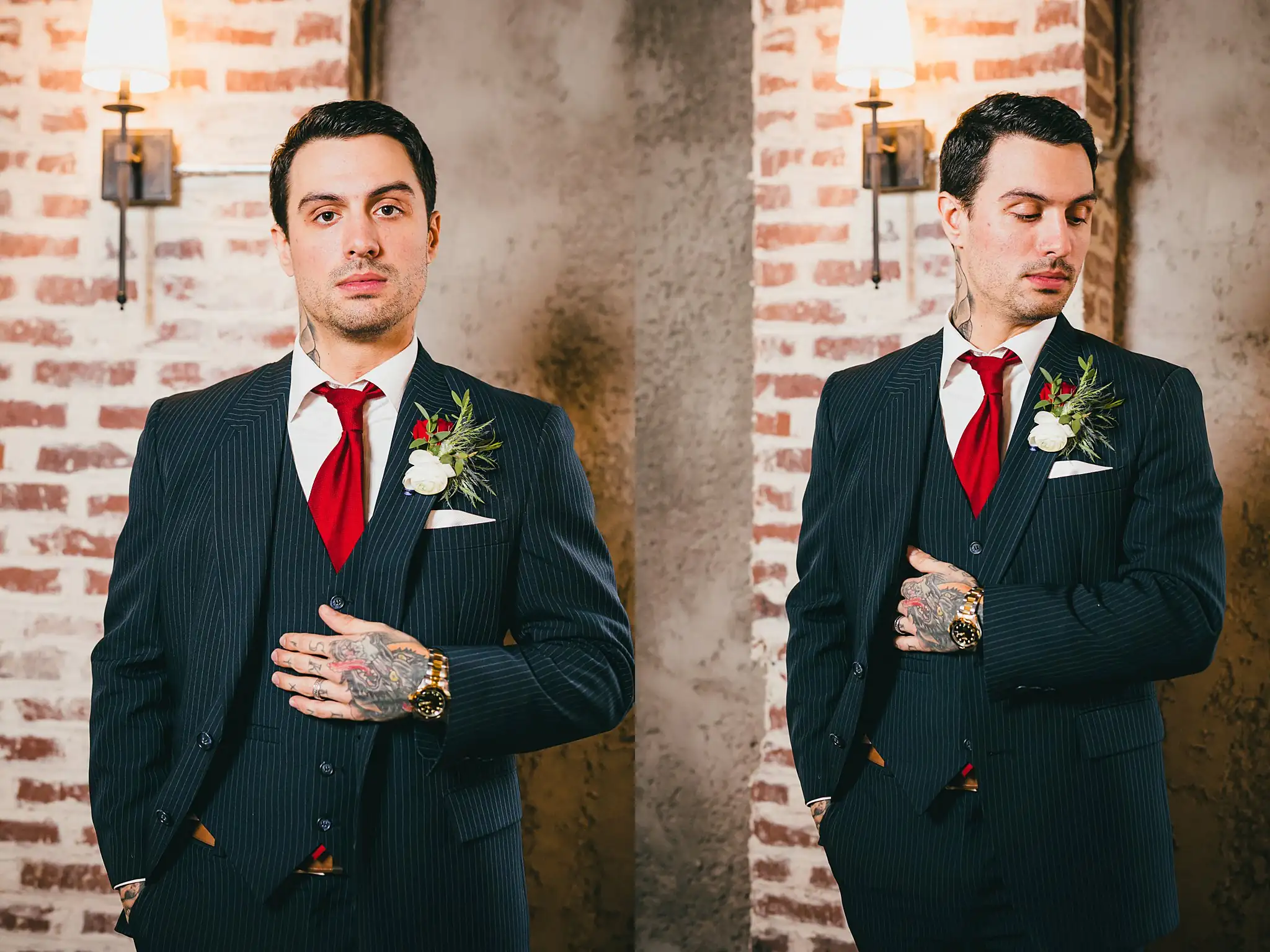 Styled Shoot Hollywood Regency Wedding Inspiration Atlanta Photographers Wedding Formals: the groom in a navy pinstripe suit against brick, at a Hollywood Regency Wedding styled shoot at the Foxglove in Marietta, GA