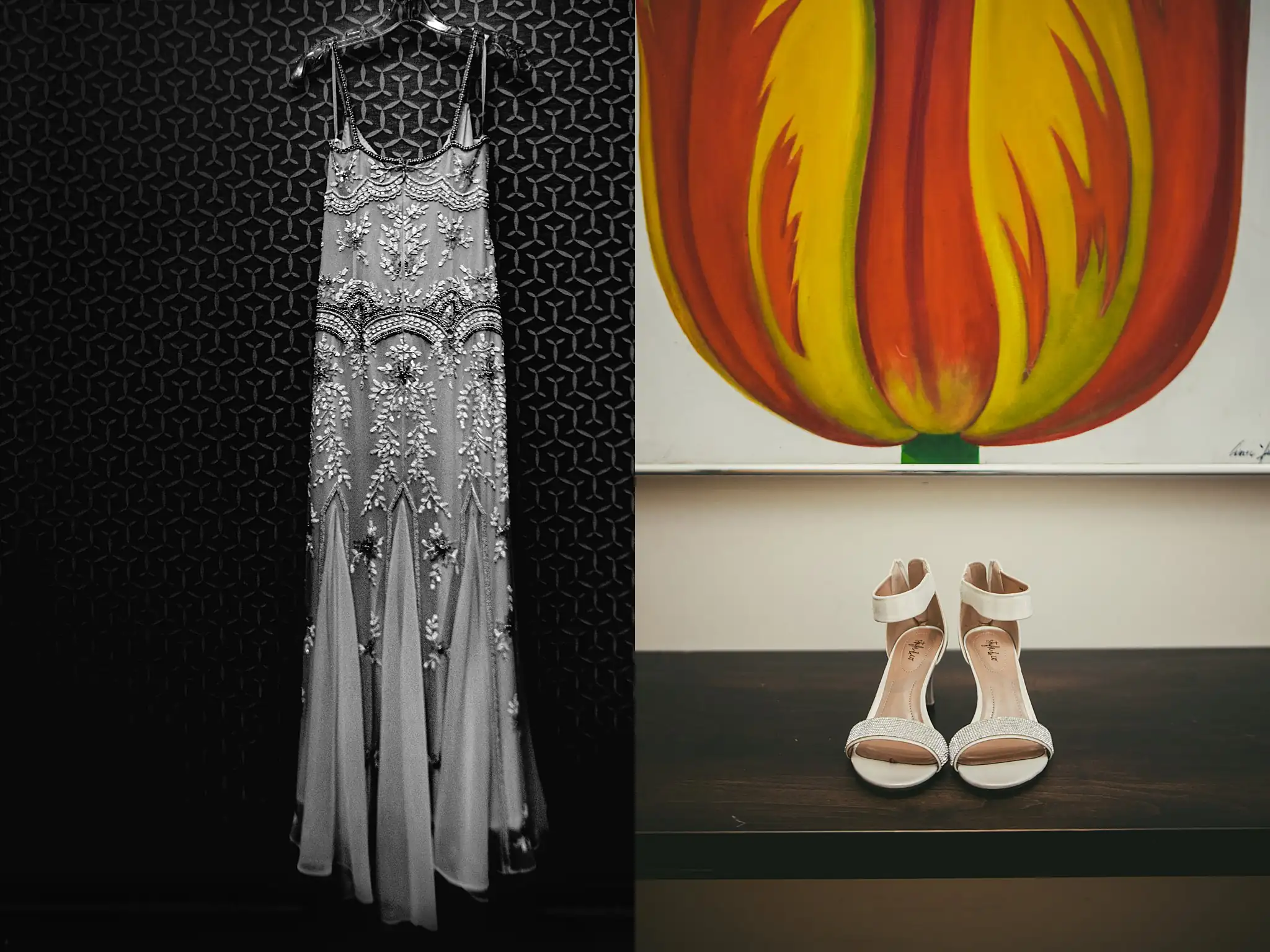 Wedding Details: the beaded gown hanging, and the bride's heels, at a wedding at the Atlanta Botanical Garden in Atlanta, GA