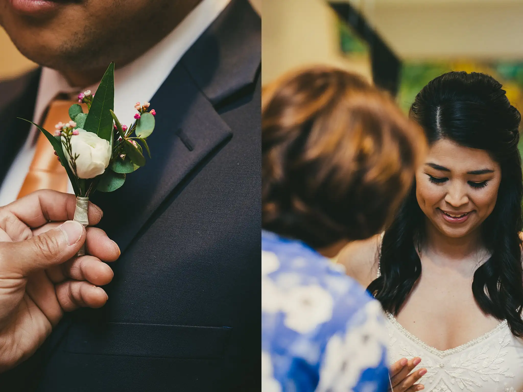 Getting Ready: the boutonniere pinned, and the bride with family, before their wedding at the Atlanta Botanical Garden in Atlanta, GA