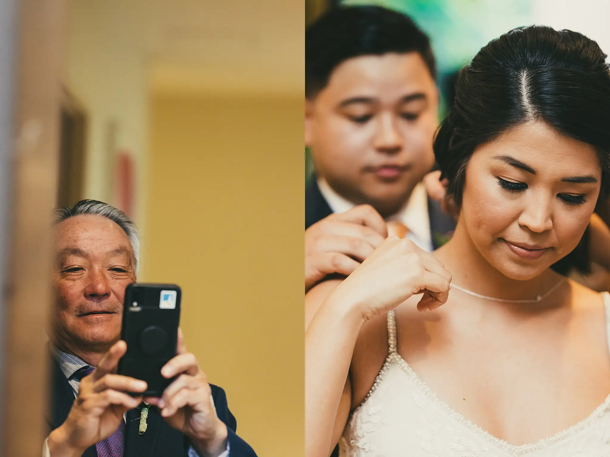 Getting Ready: her father filming, and the necklace being done up, before their wedding at the Atlanta Botanical Garden in Atlanta, GA