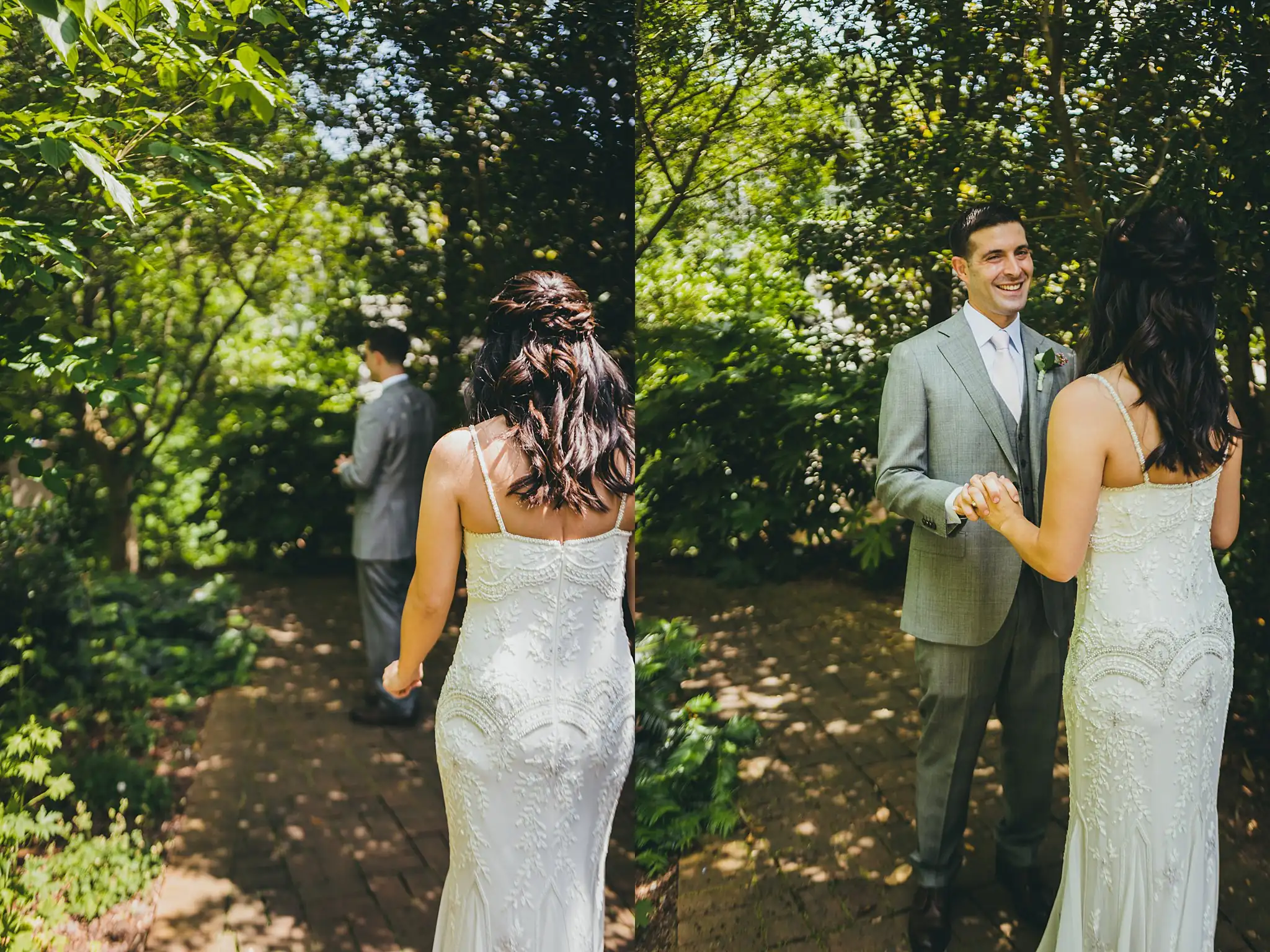 Wedding Formals: the couple walking the garden path with family, at their wedding at the Atlanta Botanical Garden in Atlanta, GA