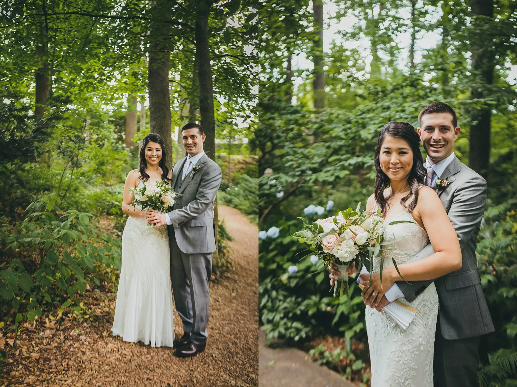 Wedding Formals: the couple on the woodland path, and close, at their wedding at the Atlanta Botanical Garden in Atlanta, GA