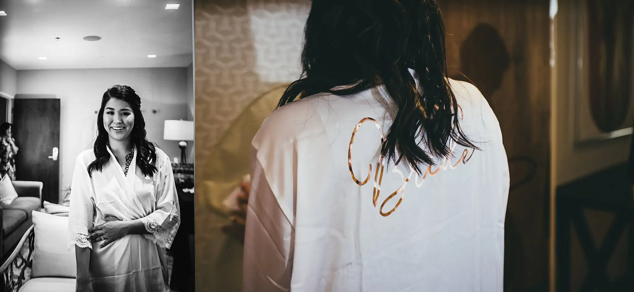 Getting Ready: the bride in her robe, and its monogram, before their wedding at the Atlanta Botanical Garden in Atlanta, GA