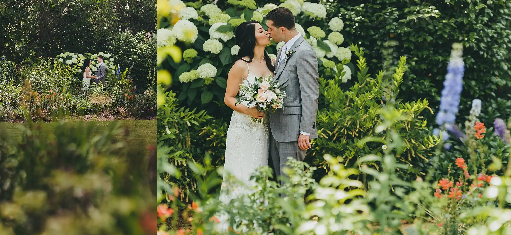 Wedding Formals: the borders, and the couple among hydrangeas, at their wedding at the Atlanta Botanical Garden in Atlanta, GA