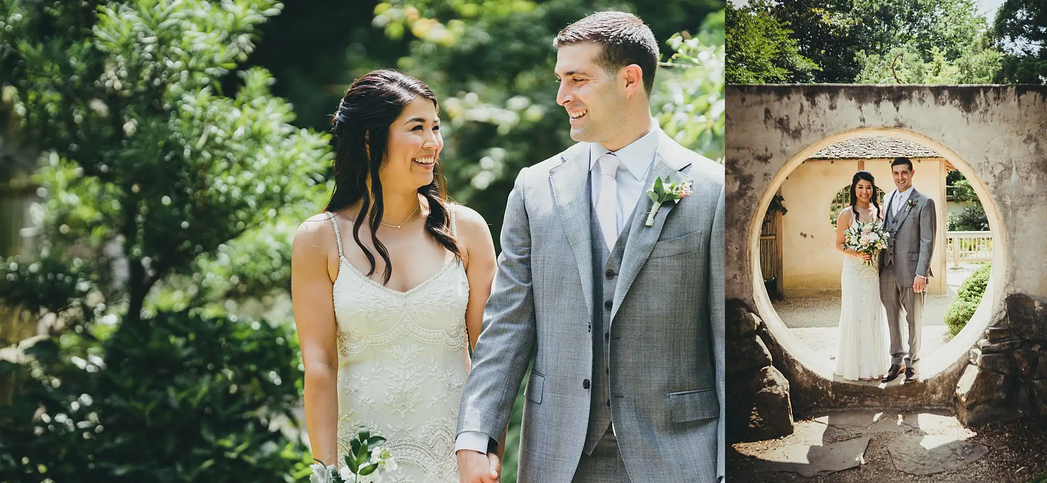 Wedding Formals: the couple framed in the stone moon gate, at their wedding at the Atlanta Botanical Garden in Atlanta, GA