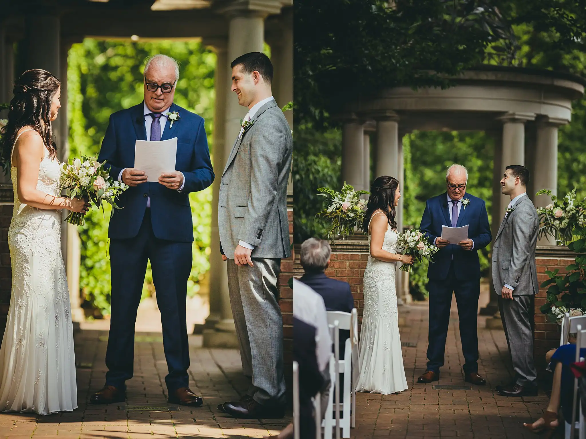 Wedding Ceremony: the ceremony beneath the classical colonnade, at their wedding at the Atlanta Botanical Garden in Atlanta, GA